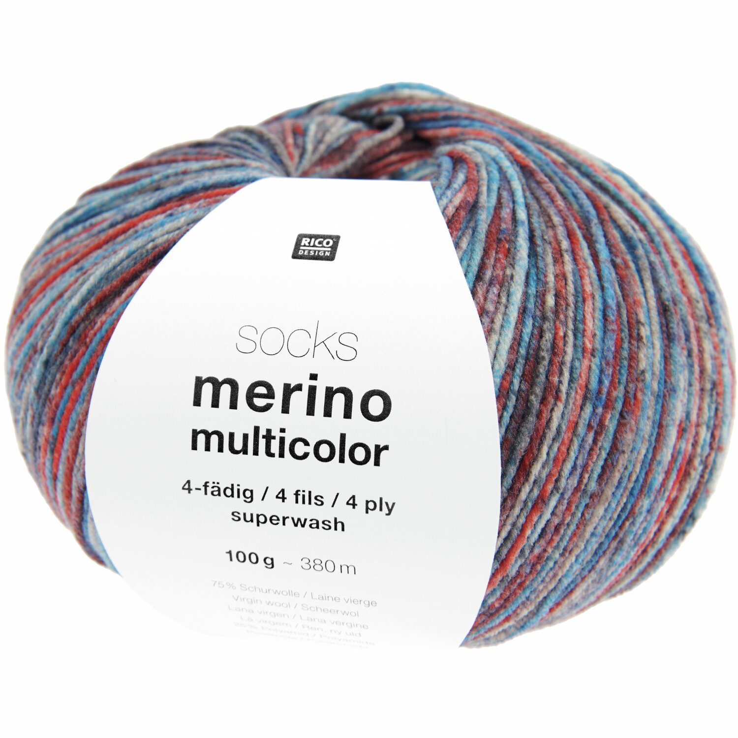 Socks Merino Multicolor 4-fädig, weiches Garn in Blau- und Rottönen, 100g, 380m, von Rico Design. Ideal für Strickprojekte.