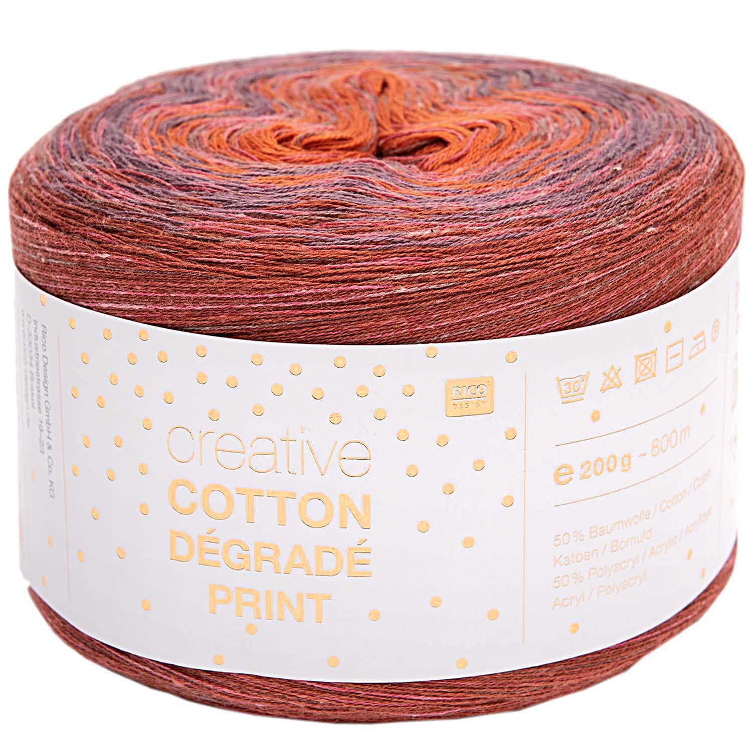 Creative Cotton Dégradé Print: Garnrolle in Rot-Orange von Rico Design, 200g, 800m, ideal für Strickprojekte.