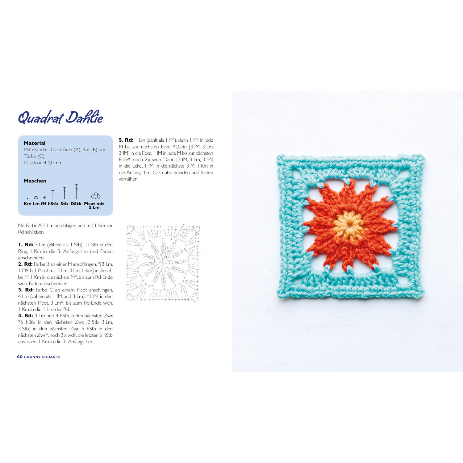 Musterbibel Granny Squares - Blumenzauber: Häkeldesign mit orangefarbener Blume und blauem Rand. Ideal für kreative Handarbeitsprojekte.