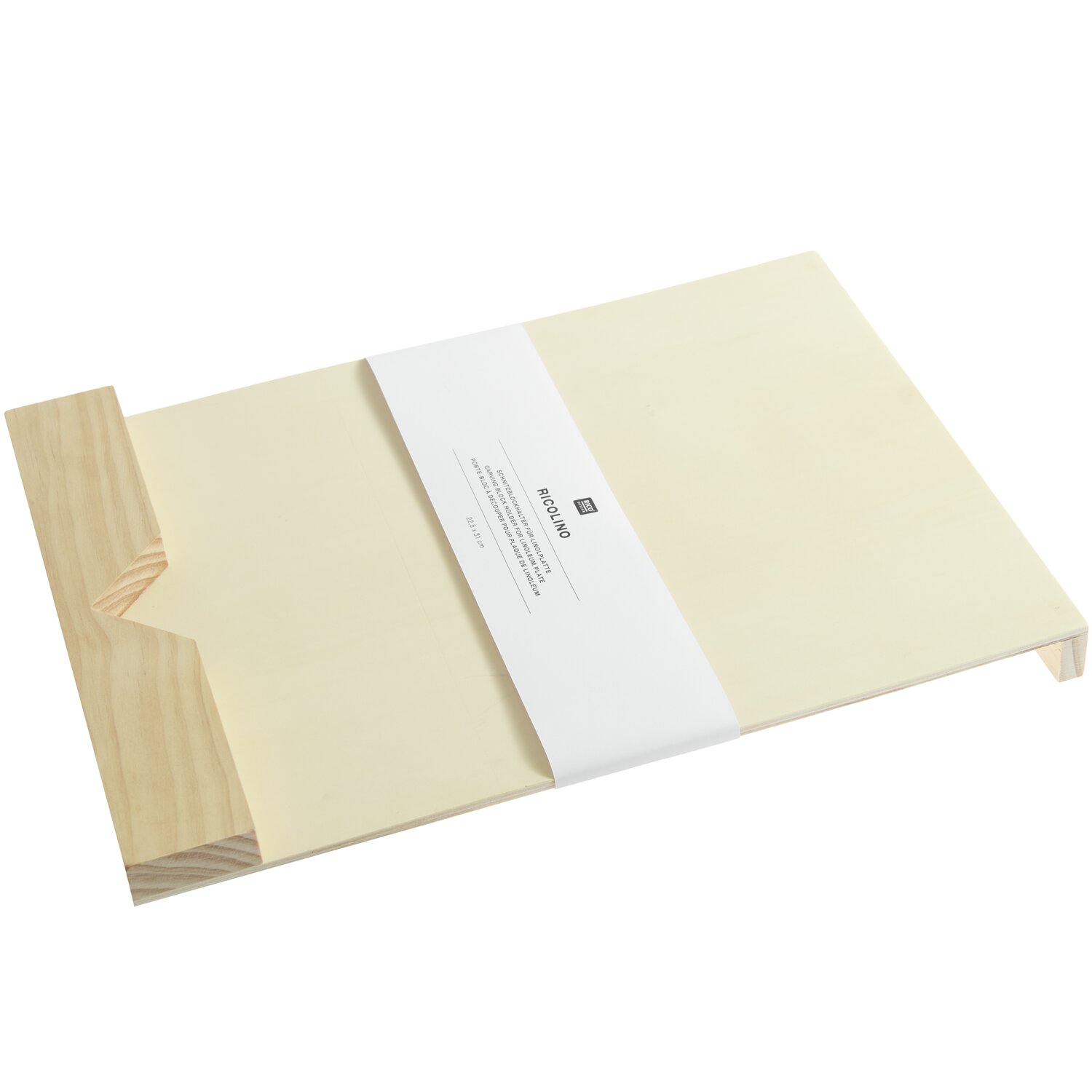 Schnitzblockhalter aus hellem Holz, 22,5x31x3,9cm, von Rico Design, ideal für kreative Projekte.