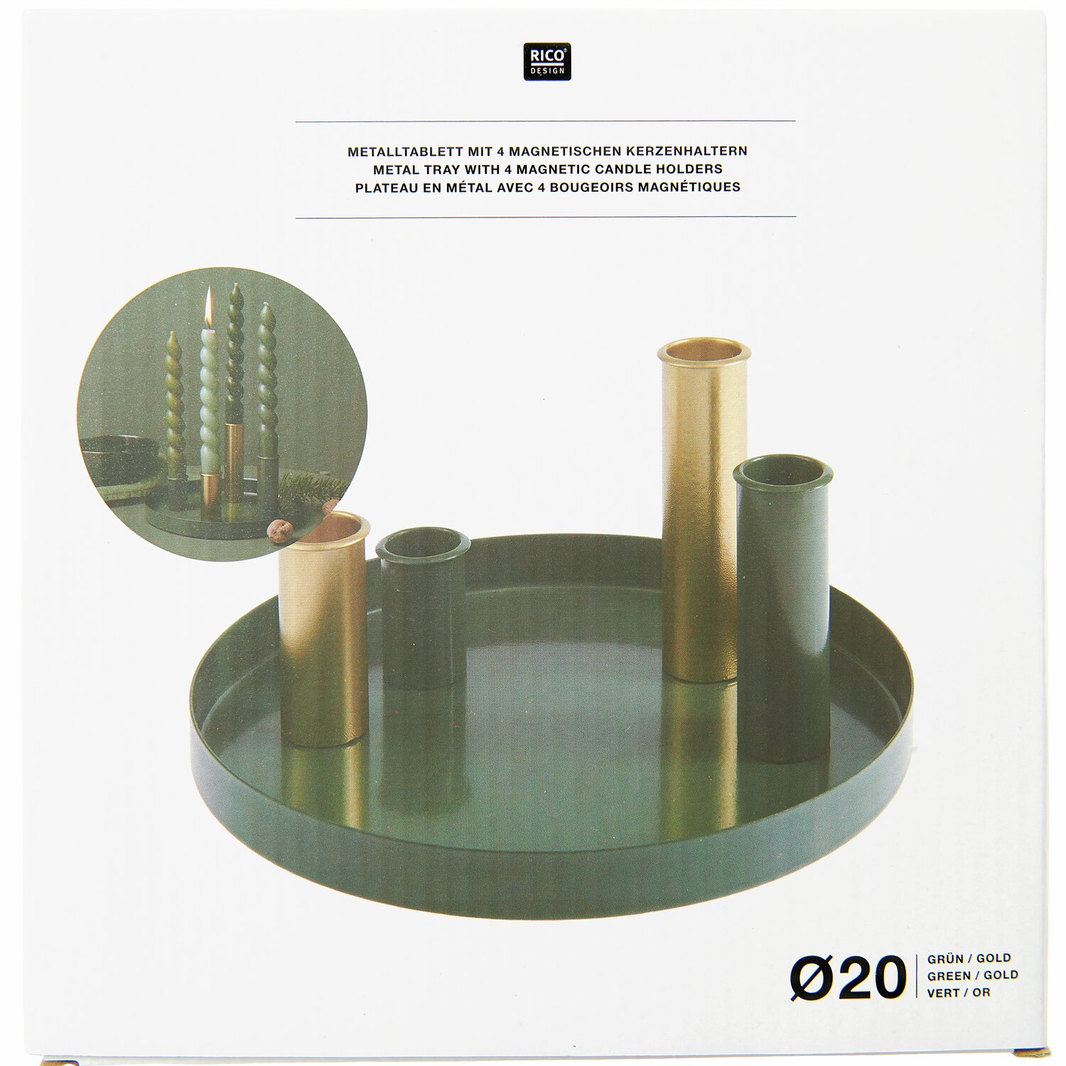 Metalltablett mit vier magnetischen Kerzenhaltern, grün-gold, von Rico Design, Ø20cm.