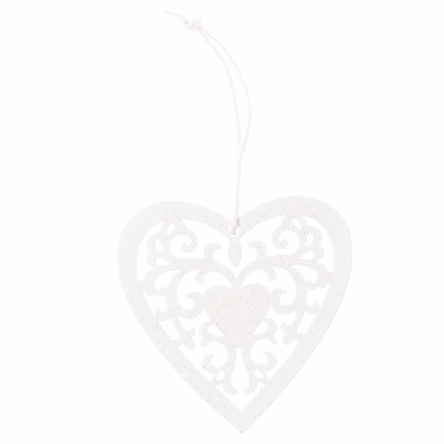 Holzanhänger Ornament Weiß: Herzförmiger Anhänger mit filigranem Muster, ideal für Dekorationen.