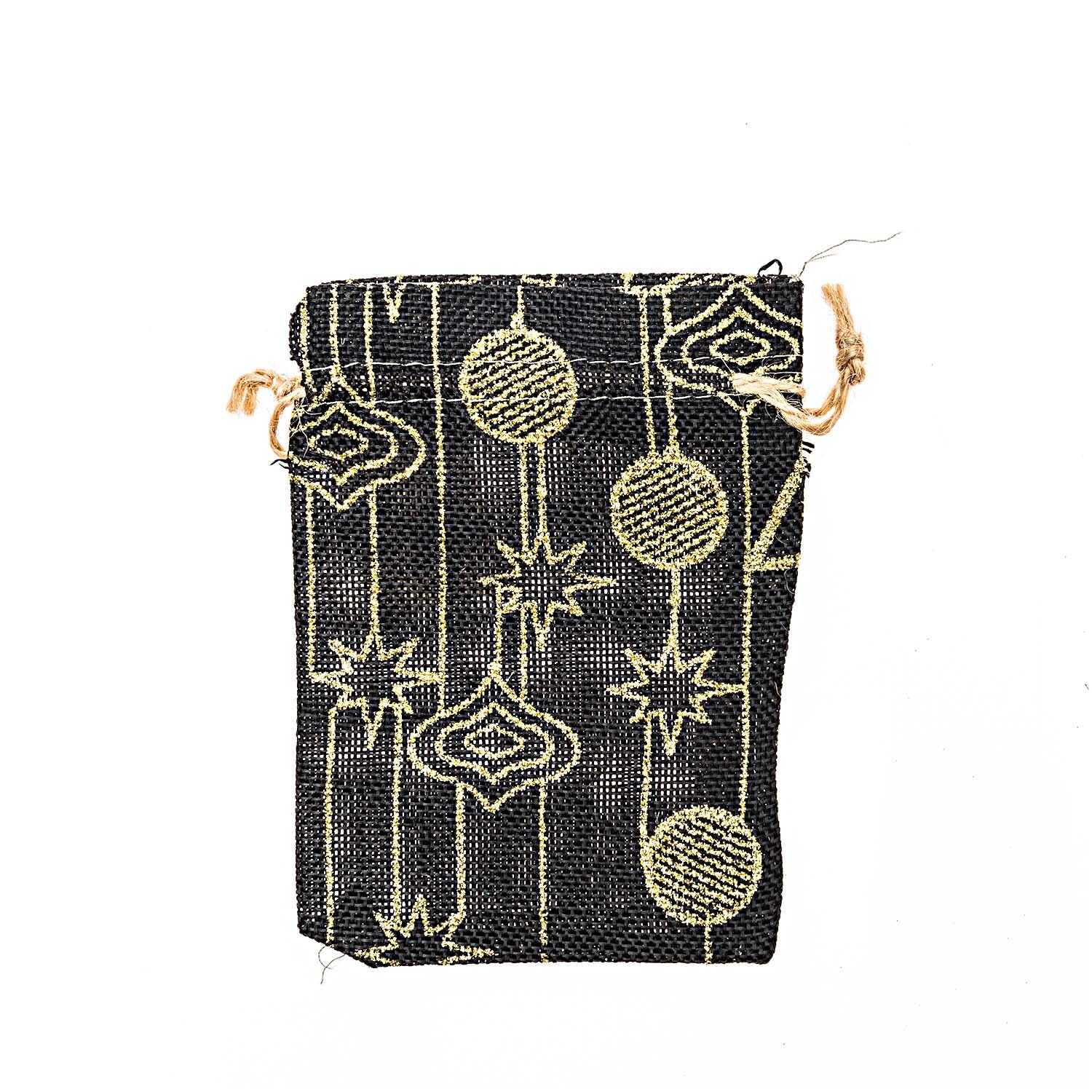 Beutel in Juteoptik X-Mas schwarz mit goldenen Weihnachtsmotiven, ideal für Geschenke.