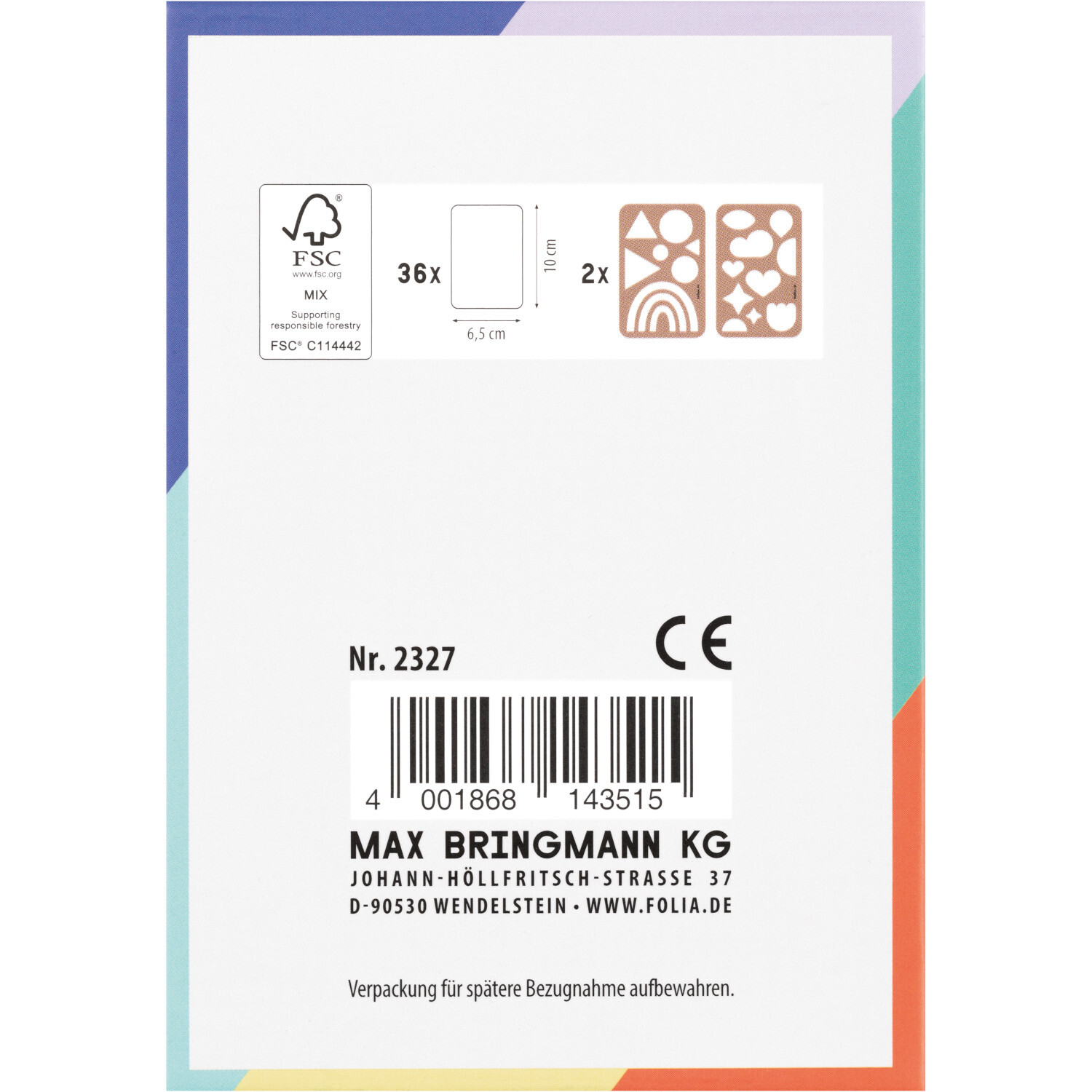 Spielkarten zum Gestalten 6,5x10cm, 36 Stück, weiß, von folia. Verpackung mit buntem Rand und Barcode.