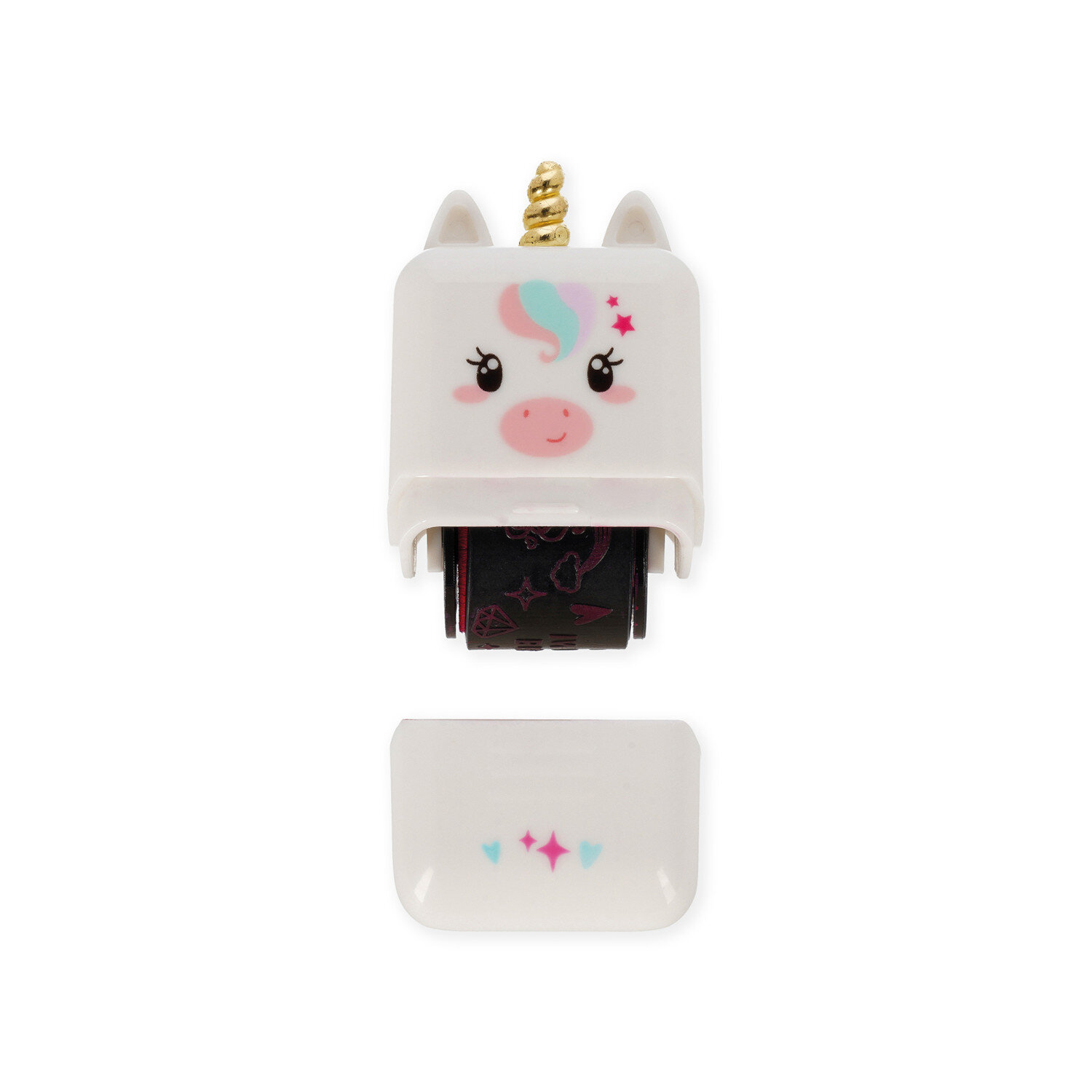 Deco Roller Stempel, dekorativer Legami Motivroller mit Einhorn-Gesicht, weißem Gehäuse und mehrfarbigen Symbolen, geeignet zum kreativen Verzieren von Papier