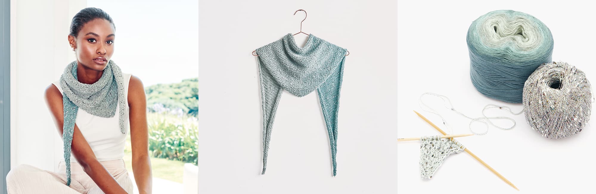 Gestricktes Dreieckstuch Modell 10a aus Lovewool No. 20 getragen am Model und auf einem Bügel. Daneben Wollknäuel in Grüntönen und Strickstück.