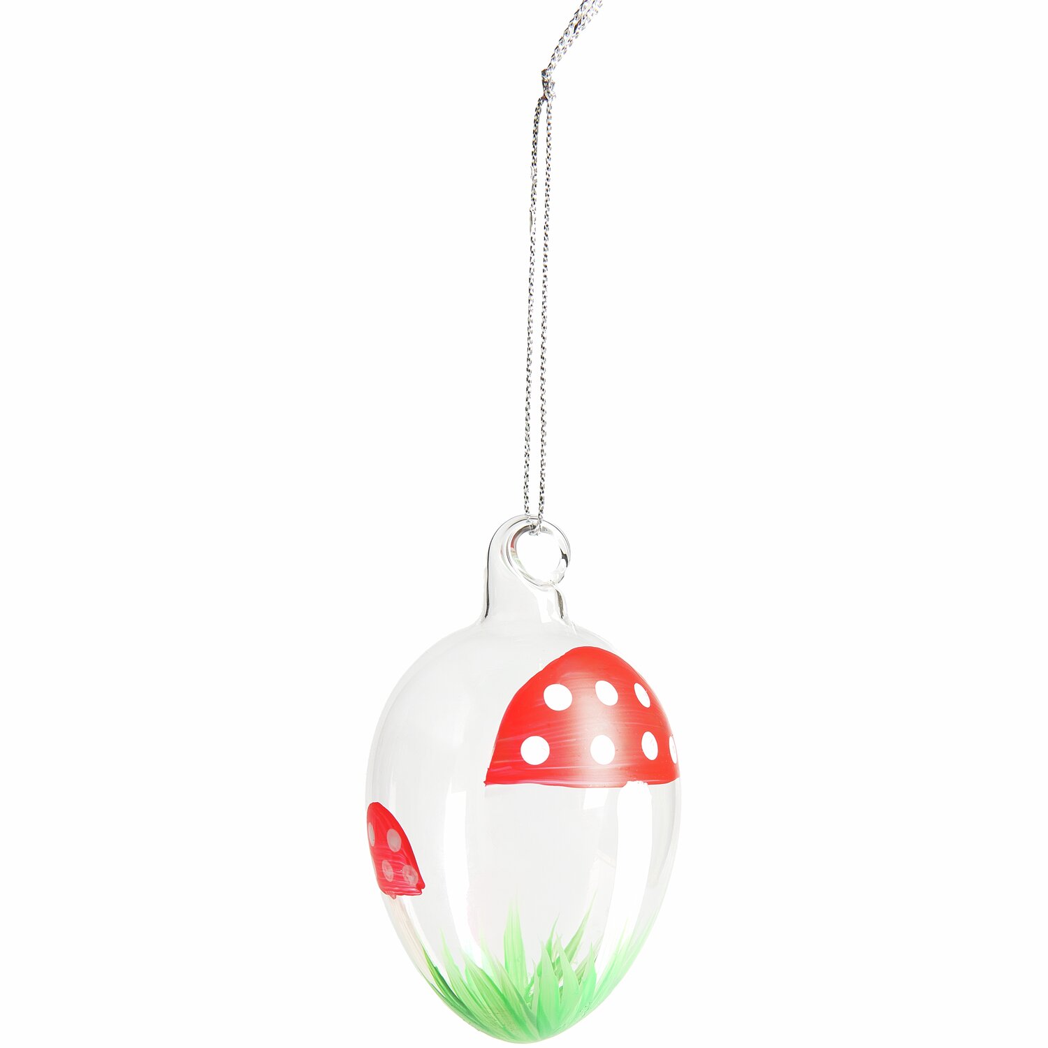 Glas Eier Fliegenpilz/Blumen 4 Stück: Dekoratives Glasei mit rotem Fliegenpilzmotiv, ideal für Frühlingsdekorationen. Maße: 8xØ4,5cm.