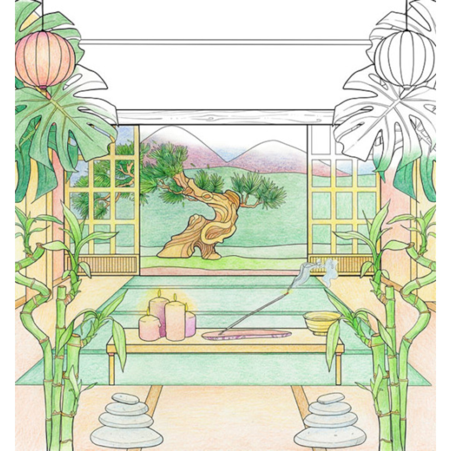 Colorful World - Quelle der Gelassenheit: Entspannende Szene mit Kerzen, Bambus und Bonsai in sanften Pastelltönen.