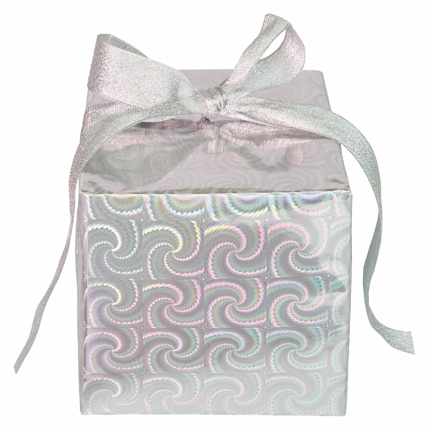 Paper Poetry Geschenkpapier holographisch mit Sternen, silber, verpackt ein Geschenk mit Schleife. Ideal für festliche Anlässe.
