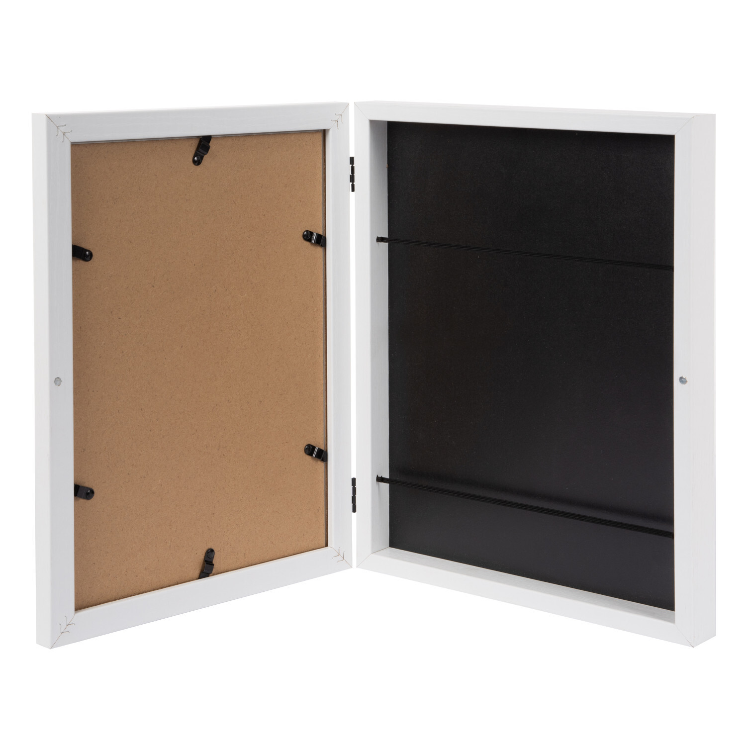 Kunst-Bilderrahmen, 24,8x33,5x4,5cm, Weiß. Offener Rahmen mit schwarzem Innenraum und Korkrückwand. Ideal für kreative Präsentationen.