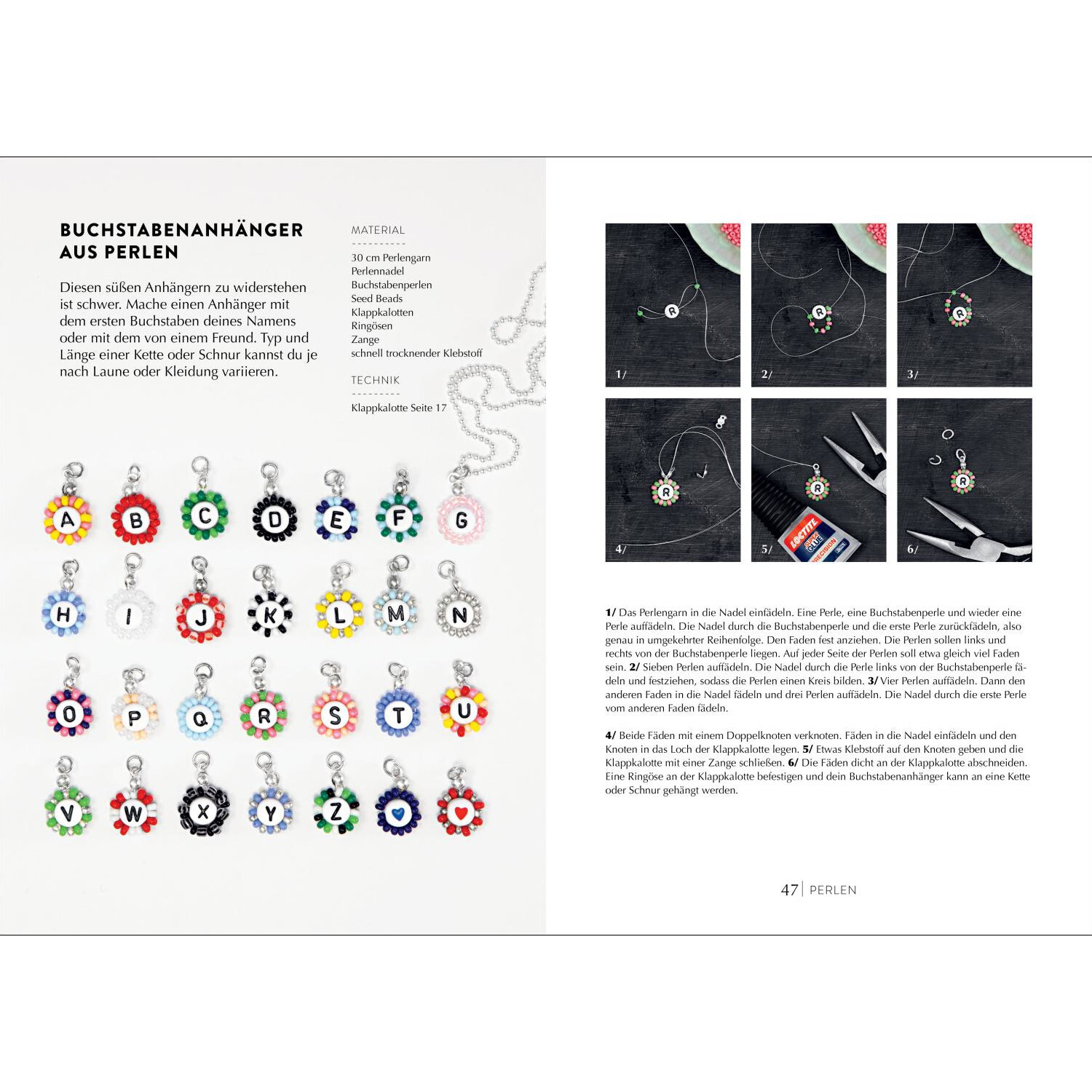Buchstabenanhänger aus Perlen: Anleitung zur Herstellung von bunten Perlenanhängern im Christophorus Verlag.