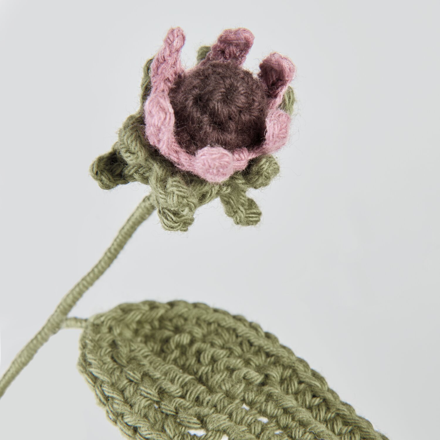Ricorumi In the Meadow gehäkelte Blüte mit olivfarbenem Stiel und Blatt, Blütenkopf in Mauve und Schokolade, Detailansicht für kreative Dekoideen