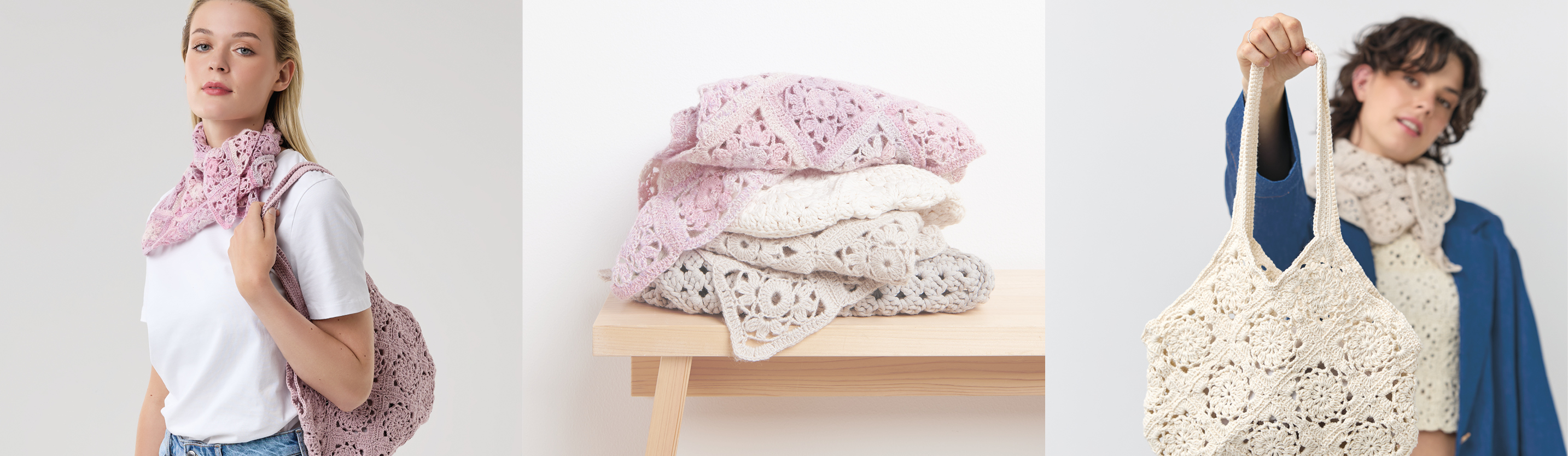 Drei Bilder nebeneinander. Eine Frau trägt gestricktes Halstuch und passende gestrickte Tasche, gestrickte Artikel und eine Frau mit gestricktem Oberteil, Halstuch und gestrickter Tasche.