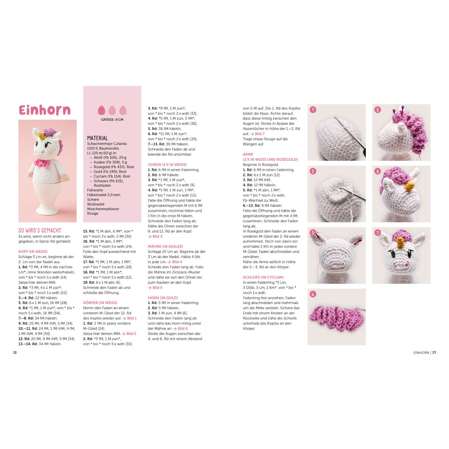 Eggtastic häkeln - Niedliche Eierwärmer: Anleitung für Einhorn-Eierwärmer mit rosa Mähne und Blumen. Enthält Schritt-für-Schritt-Bilder und Materialliste.