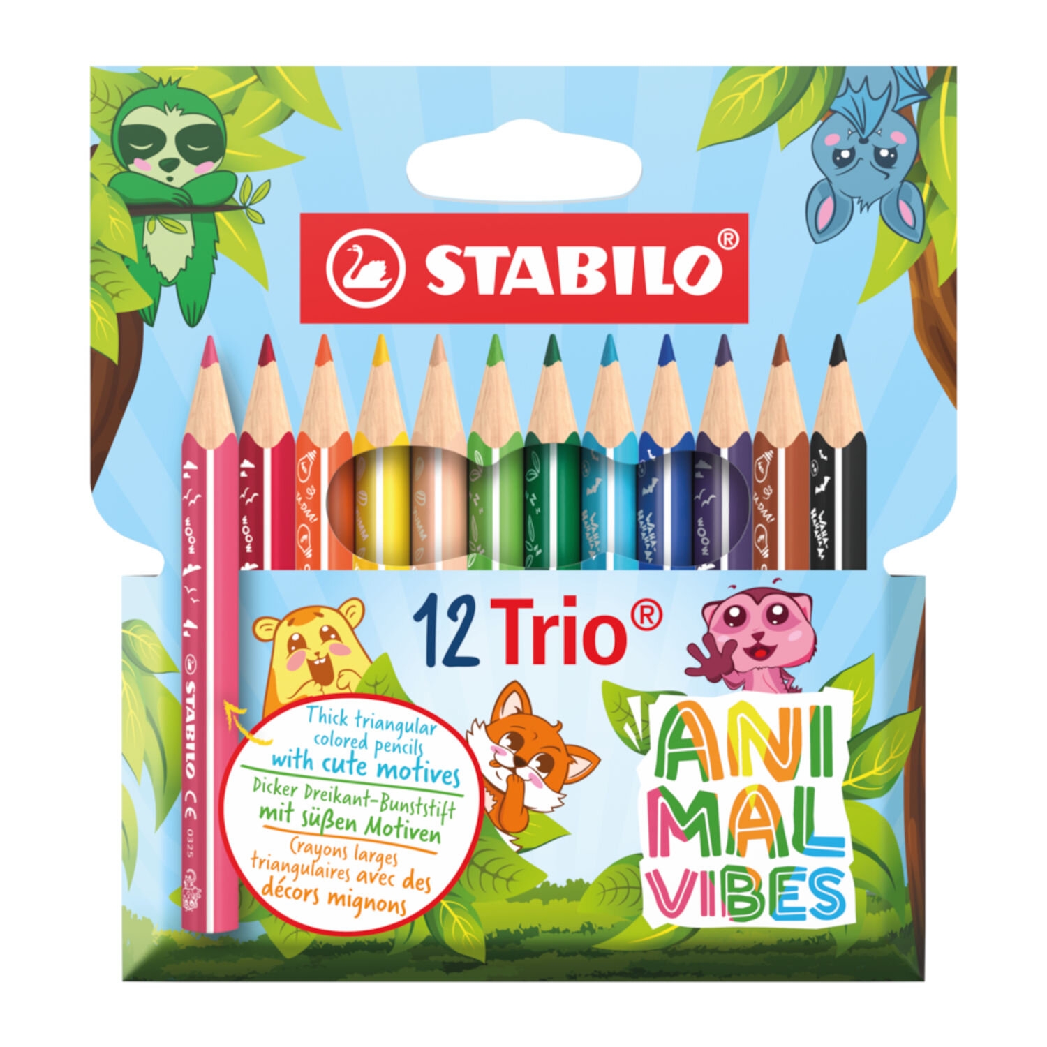 STABILO Trio Buntstifte Animal Vibes Set 12 Stück, Buntstifte in Tiermotiv-Verpackung, dicke dreieckige Stifte für Kinder mit kräftigen Farben
