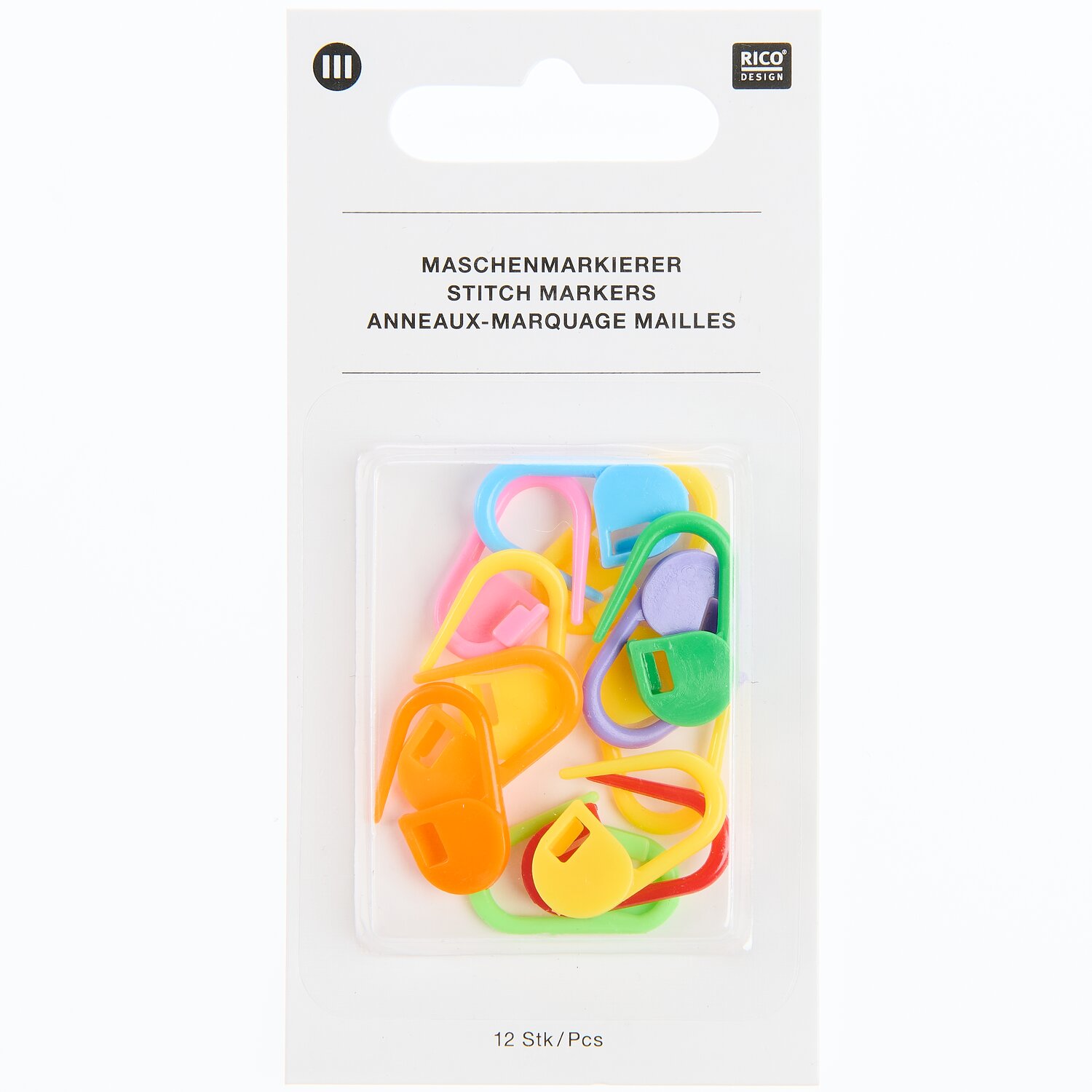 Maschenmarkierer 12 Stück, Rico Design, Set aus bunten Kunststoff-Clips in Blisterverpackung, ideal zum Markieren von Strick- und Häkelmaschen