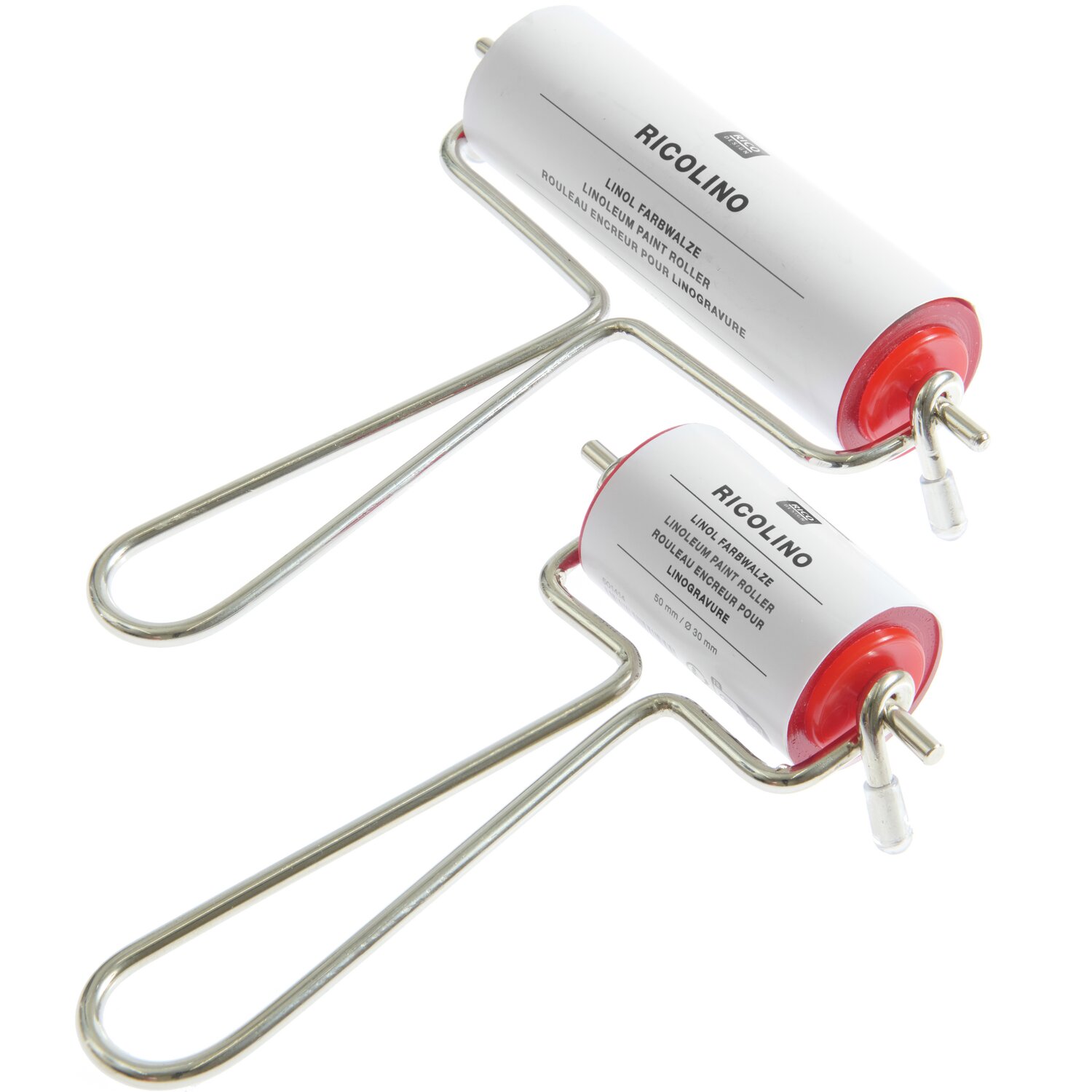 Linolwalze, Ø3cm, mit rotem Griff und silbernem Metallrahmen, ideal für Drucktechniken.