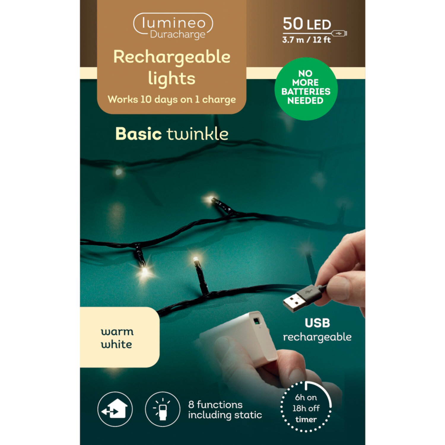 LED Duracharge basic lights outdoor, Lichterkette 367,5cm mit warmweißen LEDs, schwarz, per USB wiederaufladbar für flexible Außenbeleuchtung