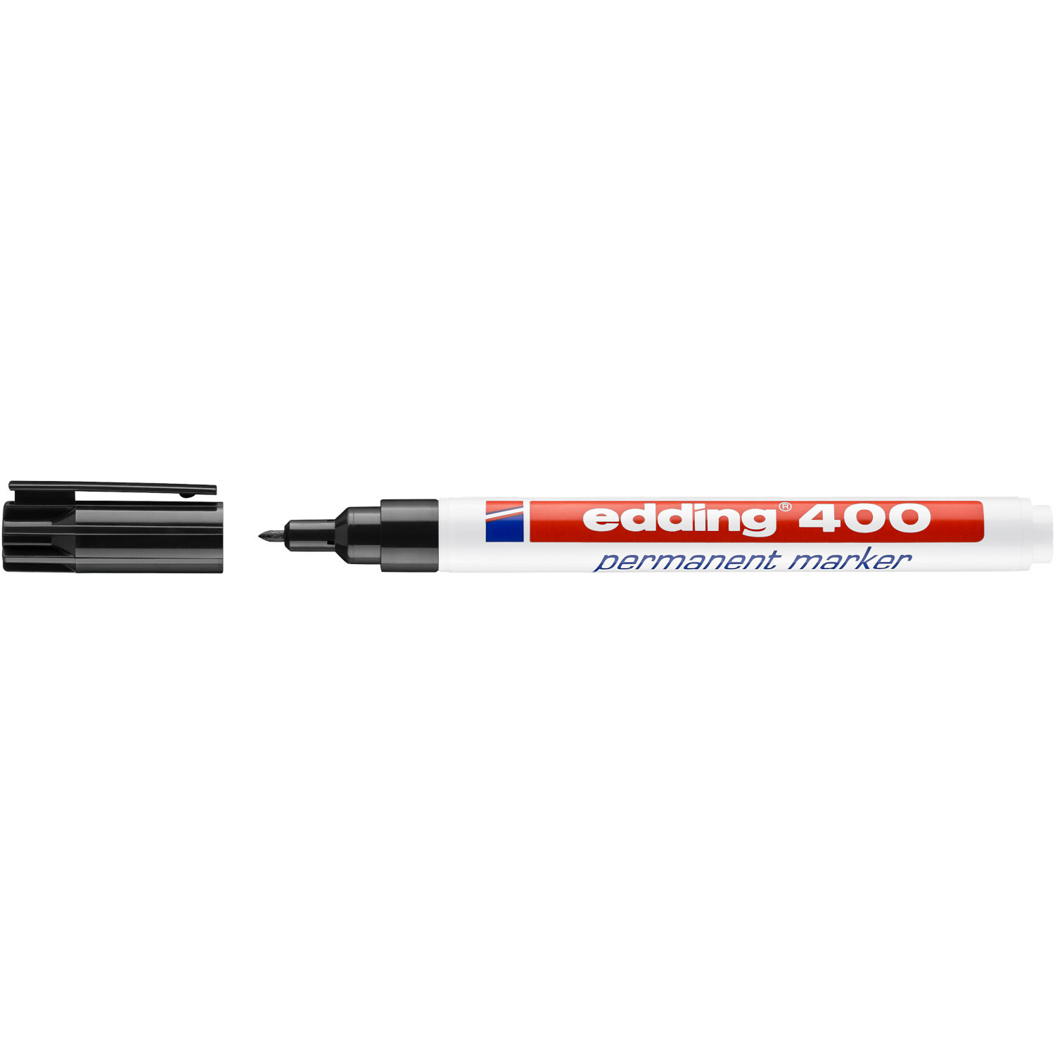 400 Permanentmarker schwarz 1mm von edding International 400 Permanentmarker schwarz 1mm, edding: Geöffneter schwarzer Marker mit rotem Schriftzug auf weißem Körper.