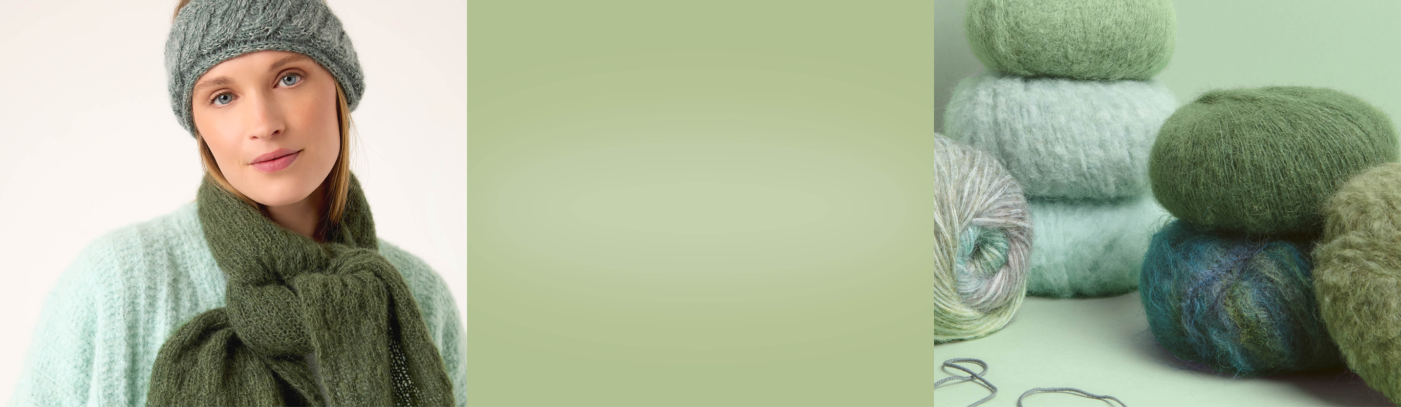 3 Bilder: Frau mit Stirnband und Schal, grüne Fläche, Wollknäuel