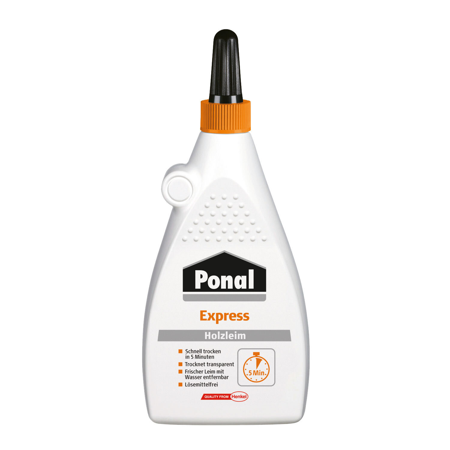 Express Holzleim in weißer Kunststoffflasche mit schwarzer Spitze, Marke Ponal, vorderseitige Produktinfos und Dosieröffnung für präzises Verkleben von Holz