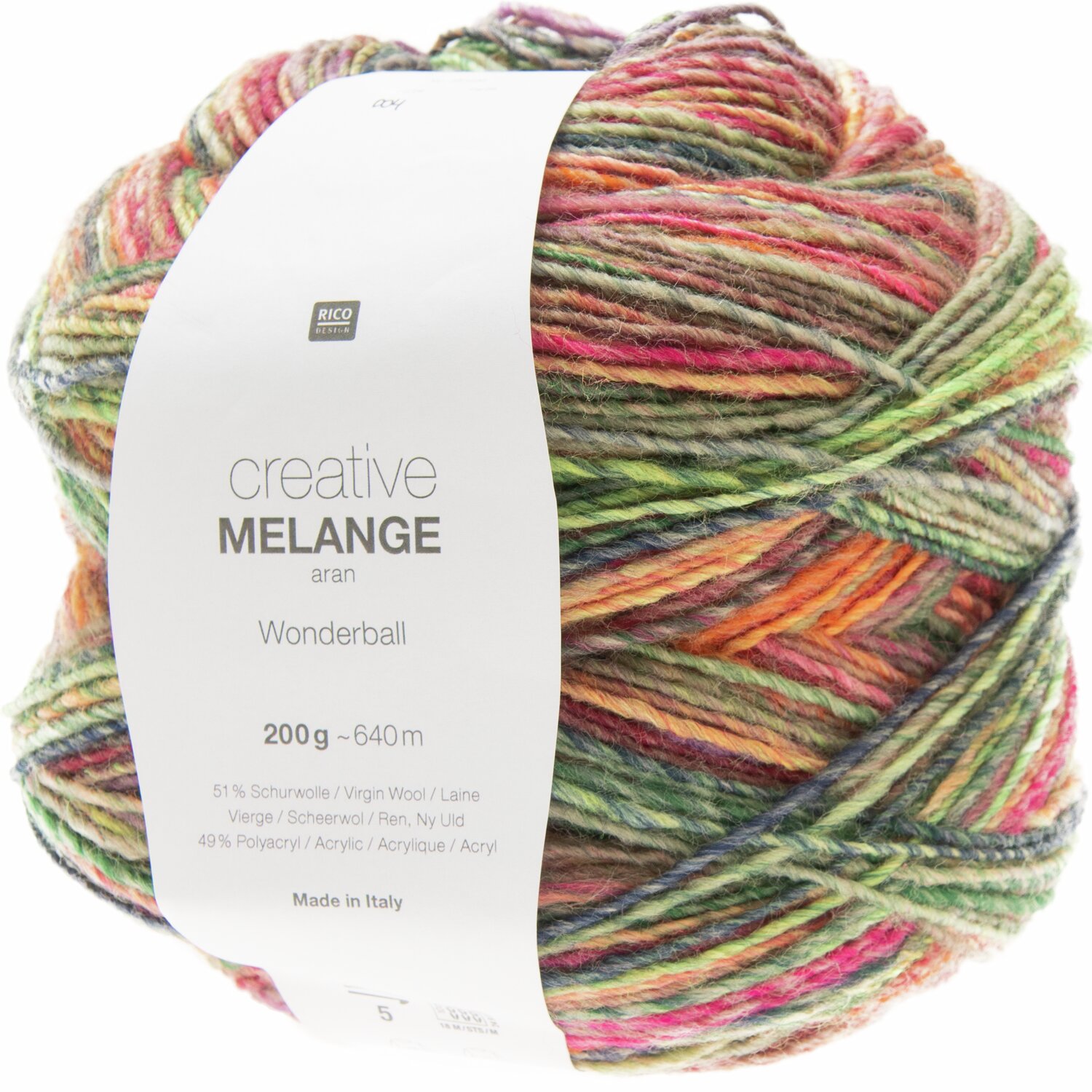 Creative Melange aran Wonderball, 200g 640m, Multicolor-Garn von Rico Design, ideal für Strickprojekte.