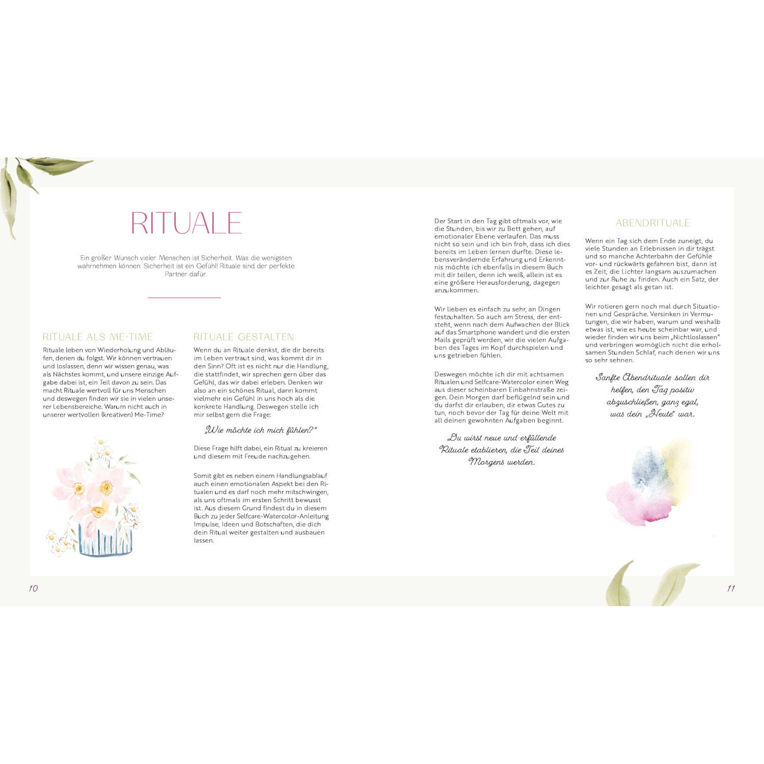 Selfcare Watercolor – Kreative Momente für mich: Doppelseite mit Texten und Aquarellbildern.