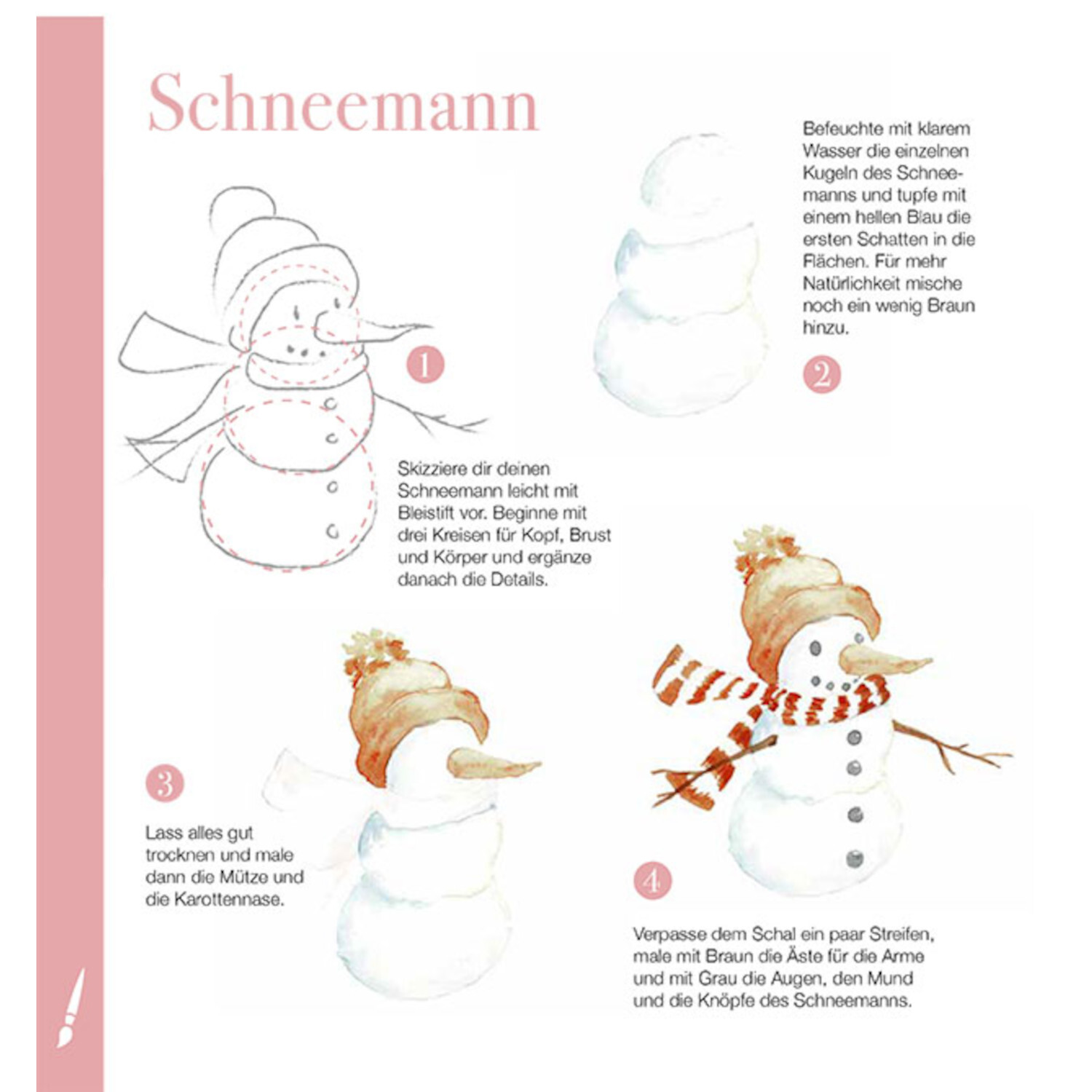 Watercolour Schritt für Schritt zeigt, wie man einen Schneemann malt. Anleitung mit Skizzen und Farbtipps für winterliche Aquarellkunst.