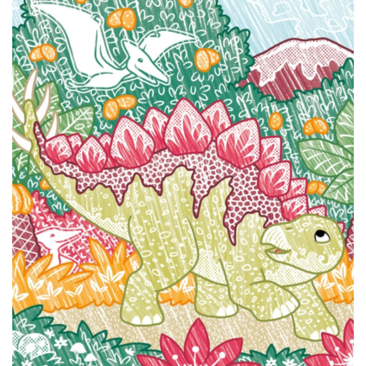 Zauberpapier Malbuch - Dinosaurier: Bunter Stegosaurus im Dschungel mit fliegendem Pterosaurier.