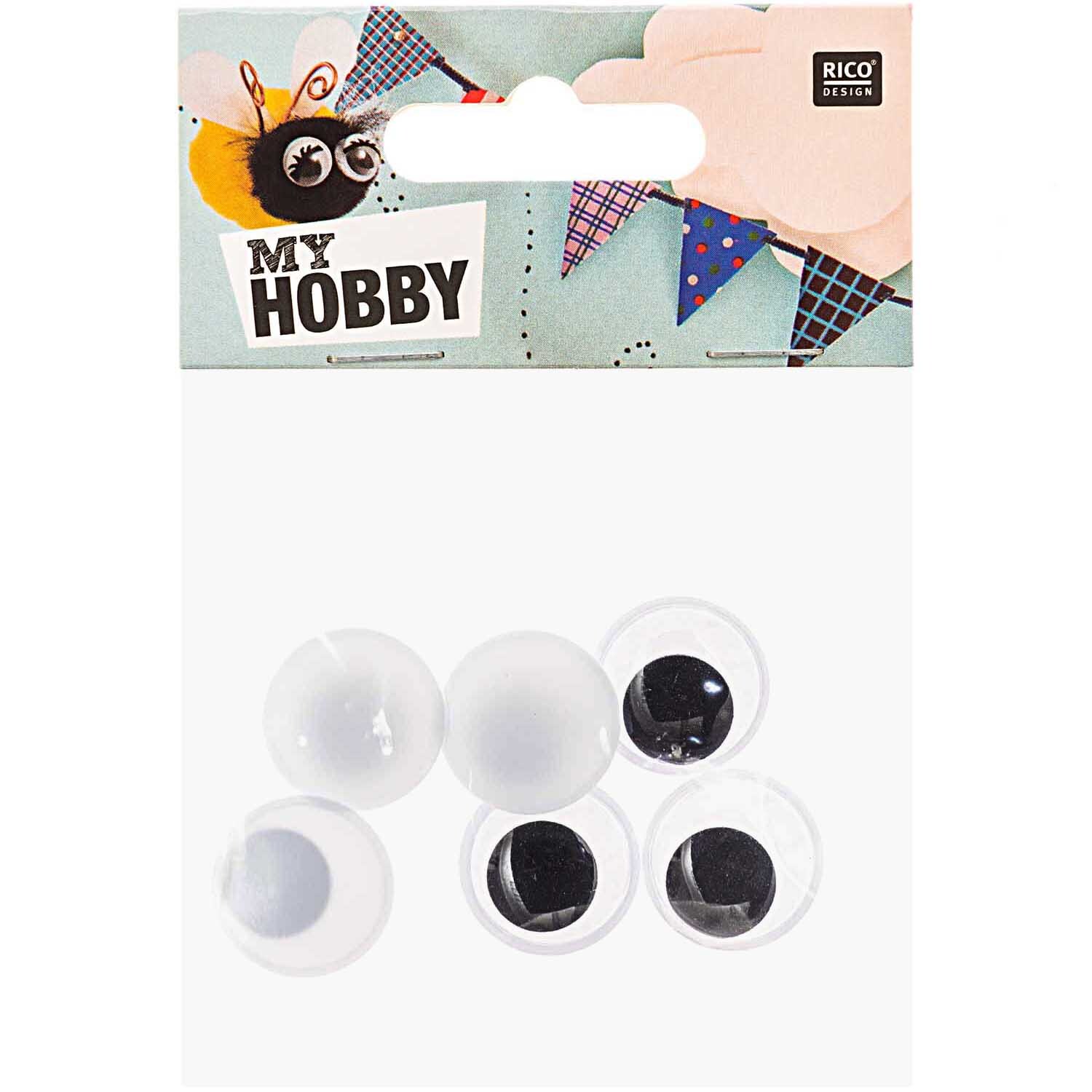 Wackelaugen rund von Rico Design, ideal für Bastelprojekte. Enthält sechs schwarze und weiße Augen auf einer dekorativen Verpackung.