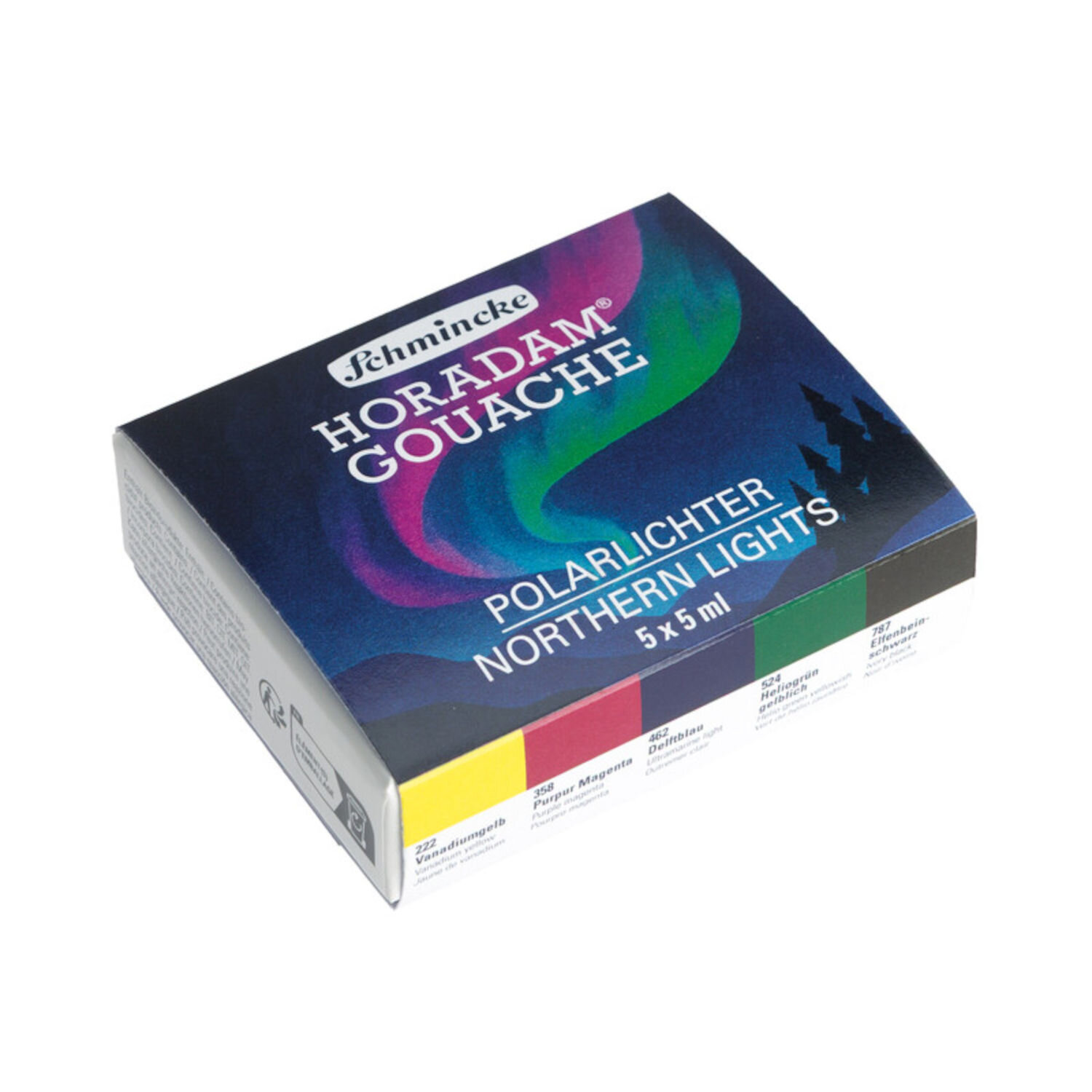 Horadam Gouache Set Polarlicht, Schmincke, 5x5ml, kompakte Schachtel mit fünf bunten Künstlerfarben und Polarlichtmotiv für brillante, deckende Malerei