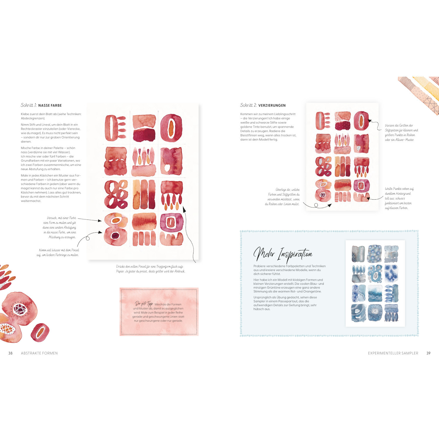 Abstract Watercolor: Doppelseite mit roten und blauen Aquarellmustern, veröffentlicht von Christophorus Verlag.