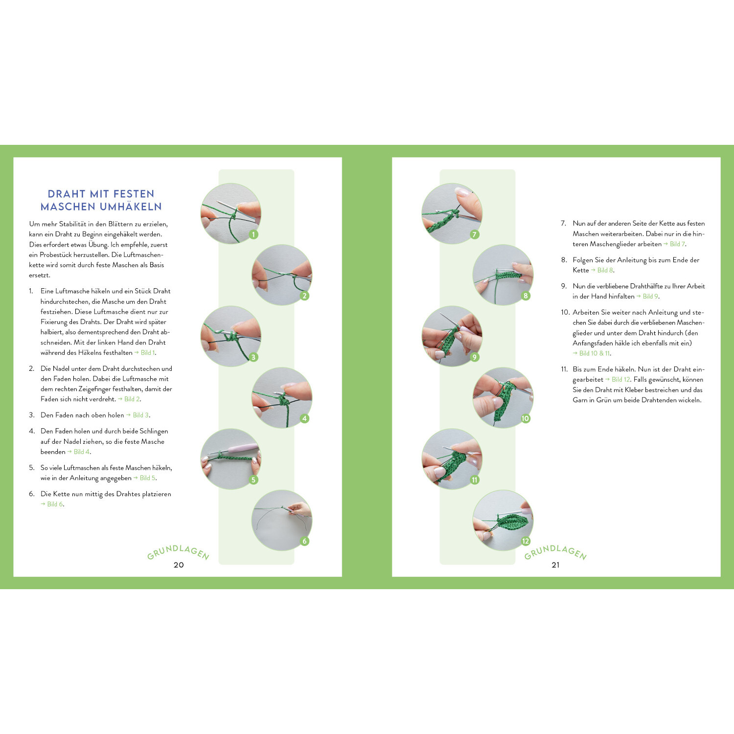 Mein bunter Häkelgarten zeigt Schritt-für-Schritt-Anleitungen zum Umhäkeln von Draht. Seiten mit grünen Akzenten und detaillierten Bildern.
