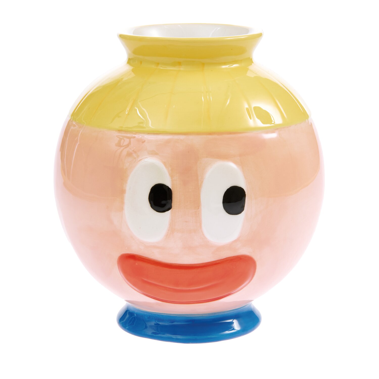 Rico Design x Redfries Keramik Vase Eye Candy mit buntem Gesichtsmotiv in Gelb, Rosa und Blau.