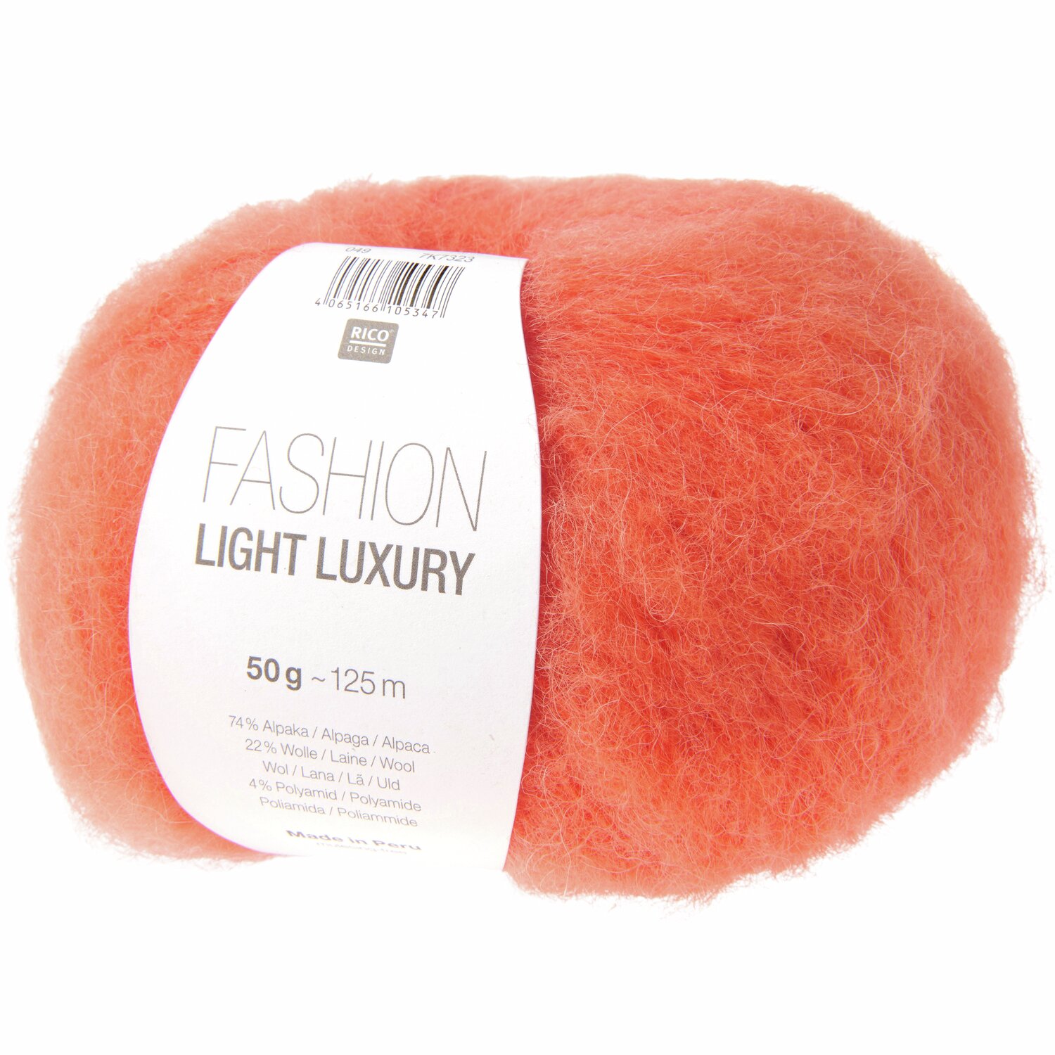 Fashion Light Luxury: Weiches, orangefarbenes Garn von Rico Design, ideal für Strickprojekte.