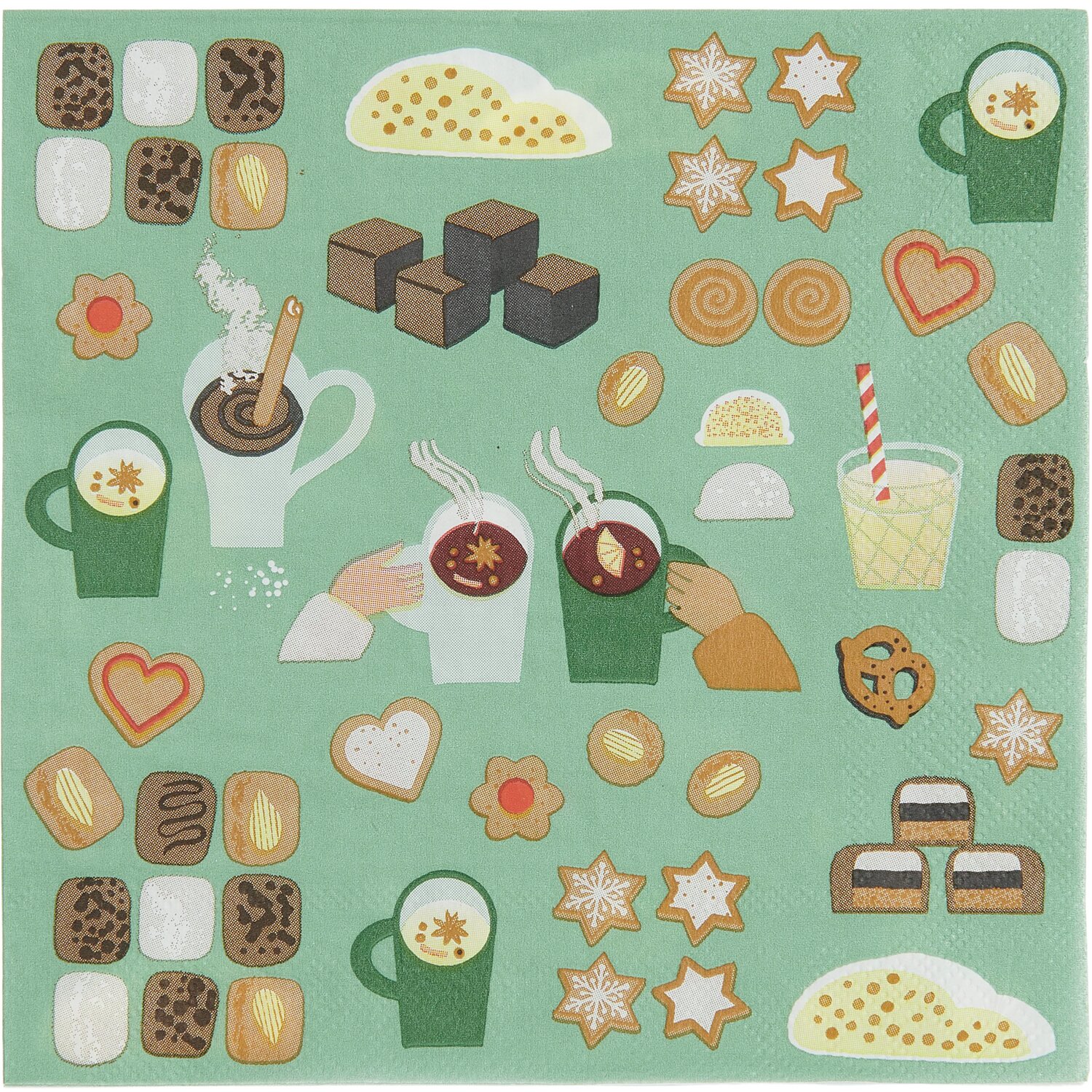 Servietten Weihnachtsgebäck 20 Stück Servietten Weihnachtsgebäck mit festlichen Motiven wie Keksen, Tassen und Herzen auf grünem Hintergrund. 20 Stück von Rico Design.