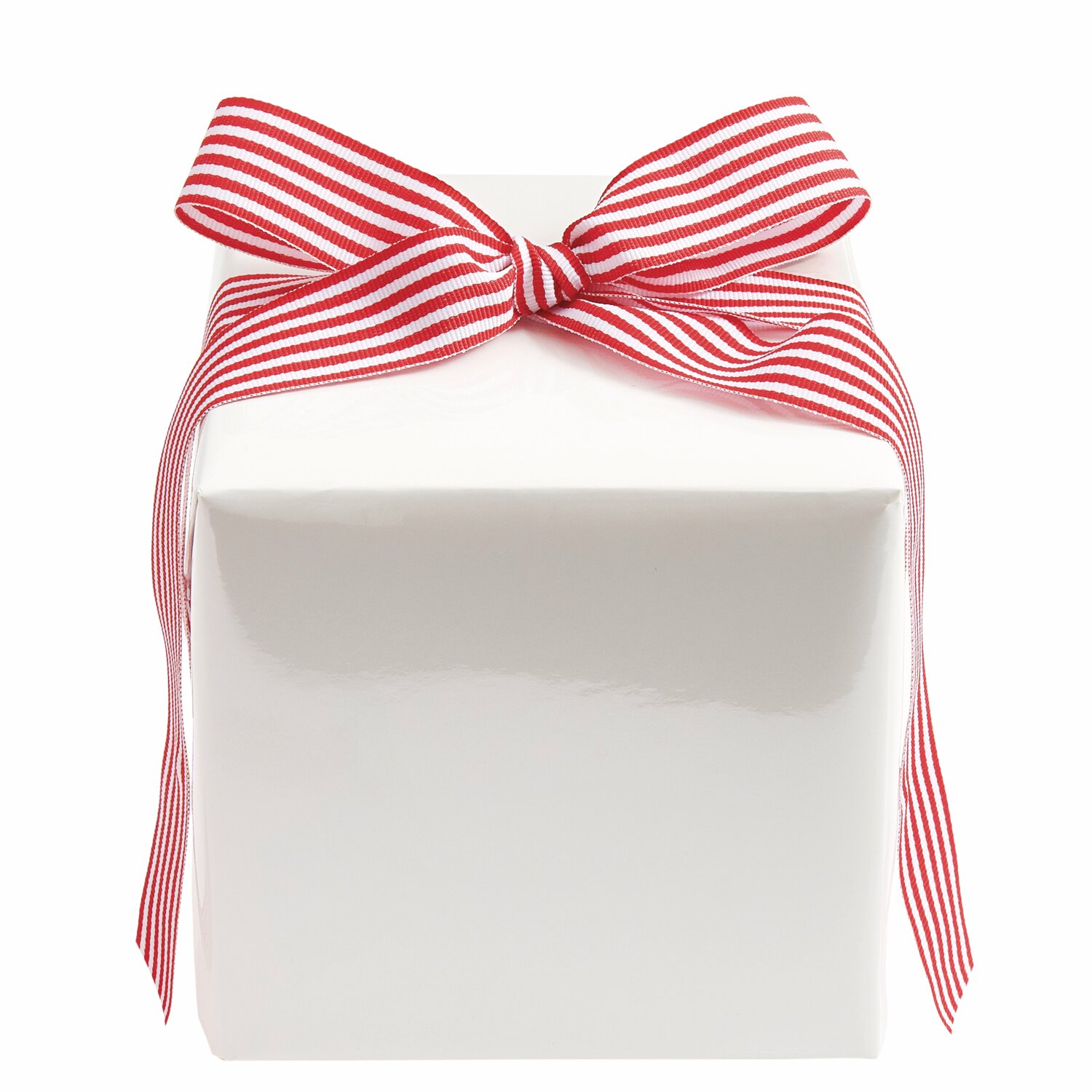 Geschenkpapier Lack 200x70cm: Weißes Geschenk mit rot-weiß gestreifter Schleife, ideal für festliche Anlässe.