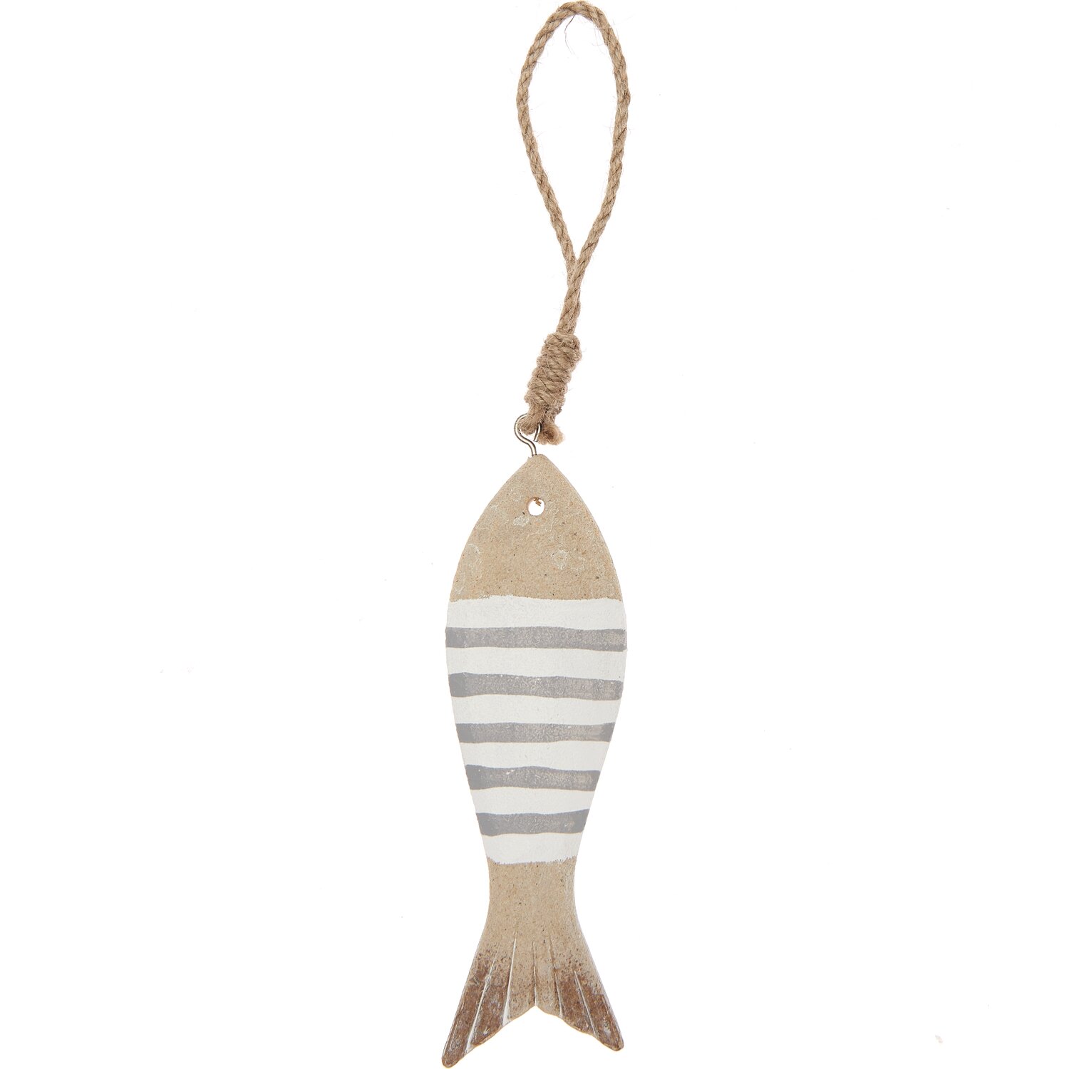 Holzhänger Fisch gestreift grau-weiß 18,5cm von Rico Design. Dekorativer Anhänger aus Holz mit Seil zum Aufhängen, ideal für maritimes Flair.