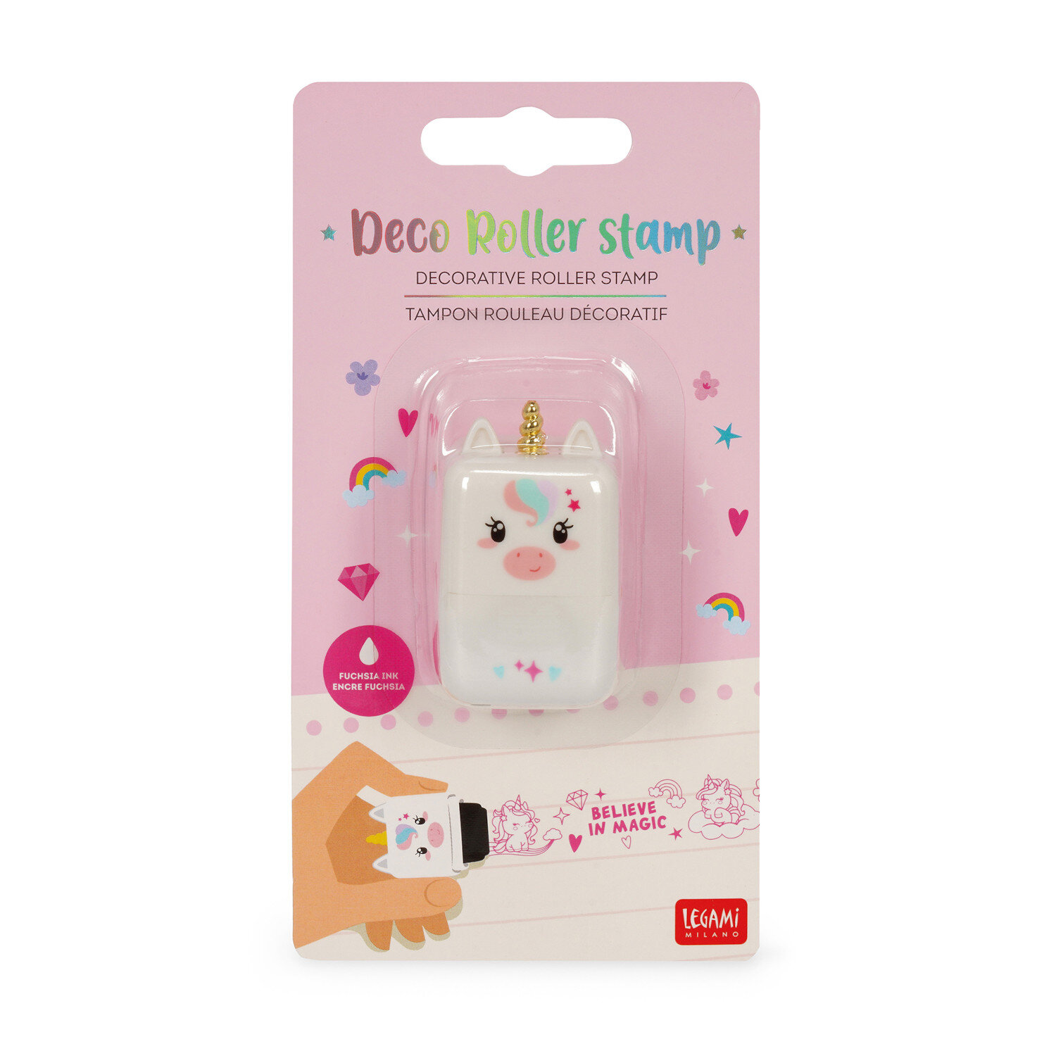 Deco Roller Stempel als dekorativer Legami Roller-Stempel im Einhorn-Design, Weiß mit pastellfarbenen Details, in rosa Blisterverpackung für kreative Anwendungen