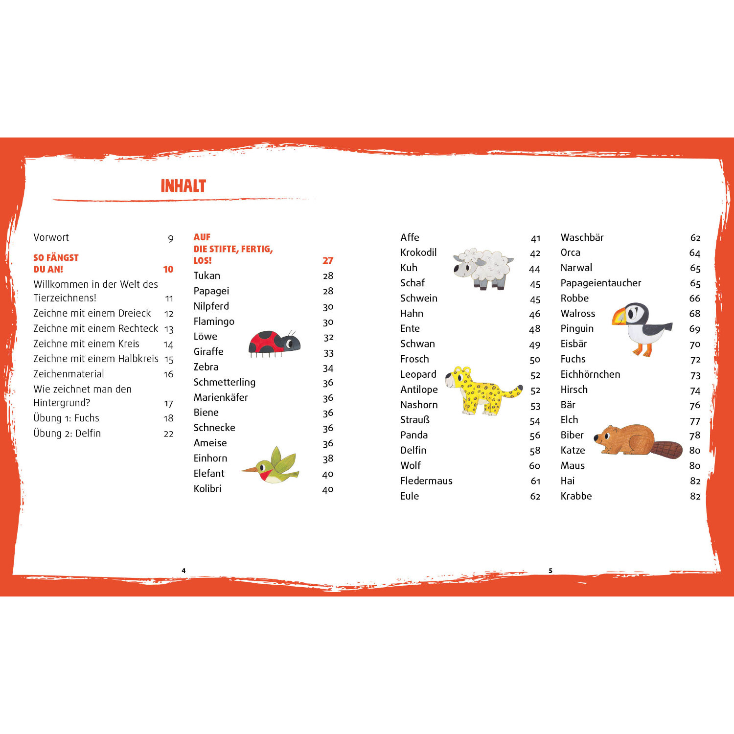 Tiere zeichnen für Kids: Inhaltsverzeichnis mit bunten Illustrationen von Tieren wie Tukan und Zebra.