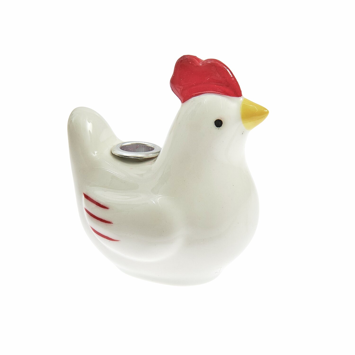 Keramik Kerzenhalter Huhn Weiß: Weißer Kerzenhalter in Huhnform mit rotem Kamm, ideal für Dekoration.