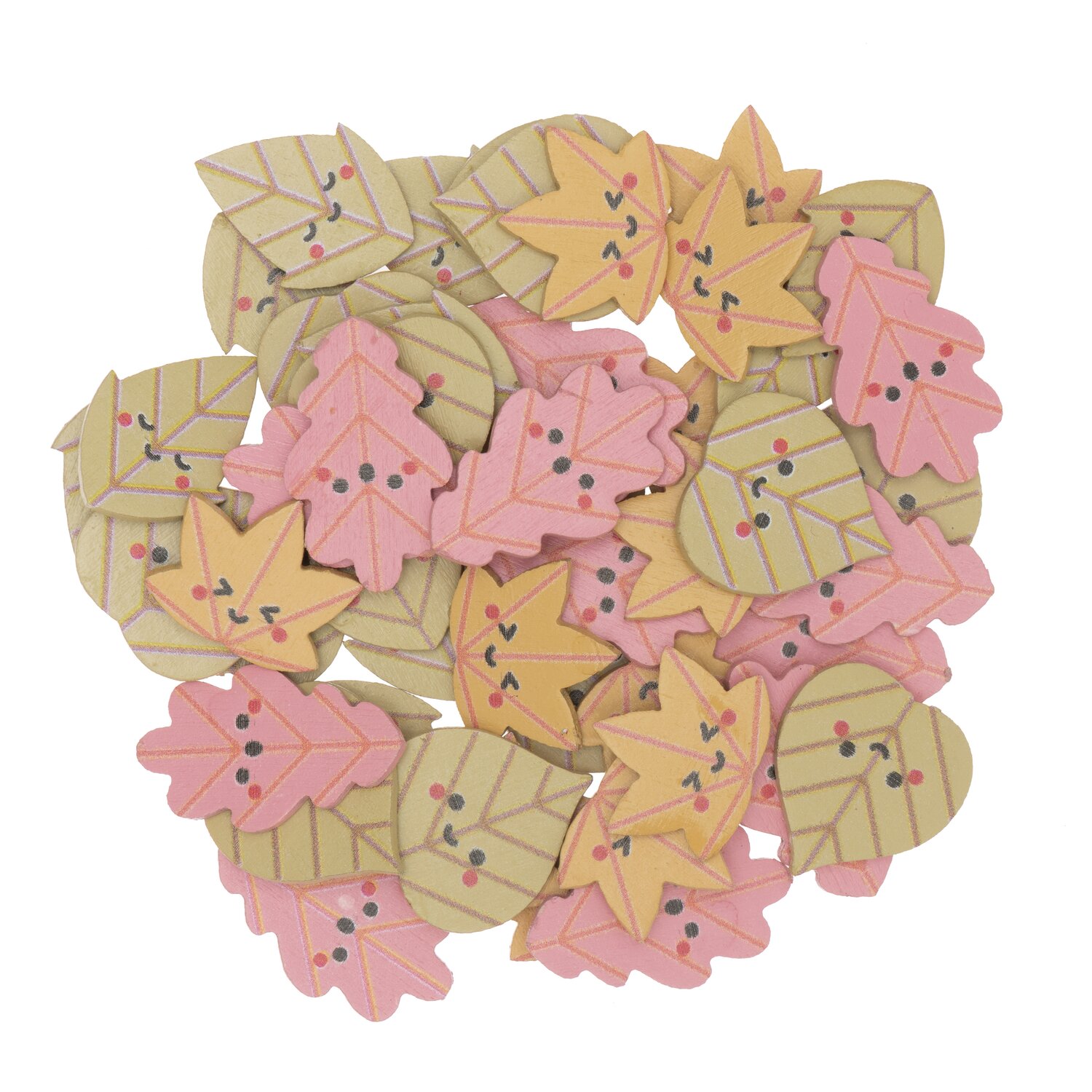 Holzstreu Blätter Mix bunt 48 Stück zeigt bunte, herbstliche Holzblätter in Rosa und Gelb.