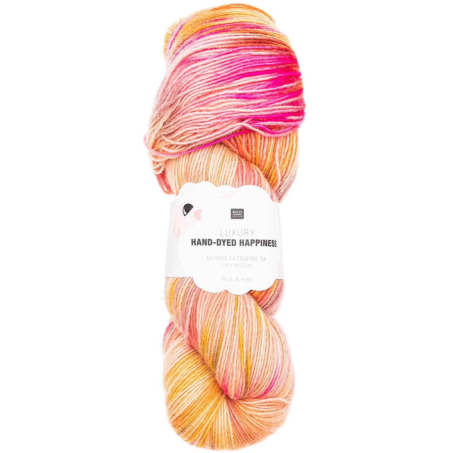 Luxury Hand-Dyed Happiness dk: Weiches Garn in Lachs-Gelb von Rico Design, ideal für kreative Strickprojekte.