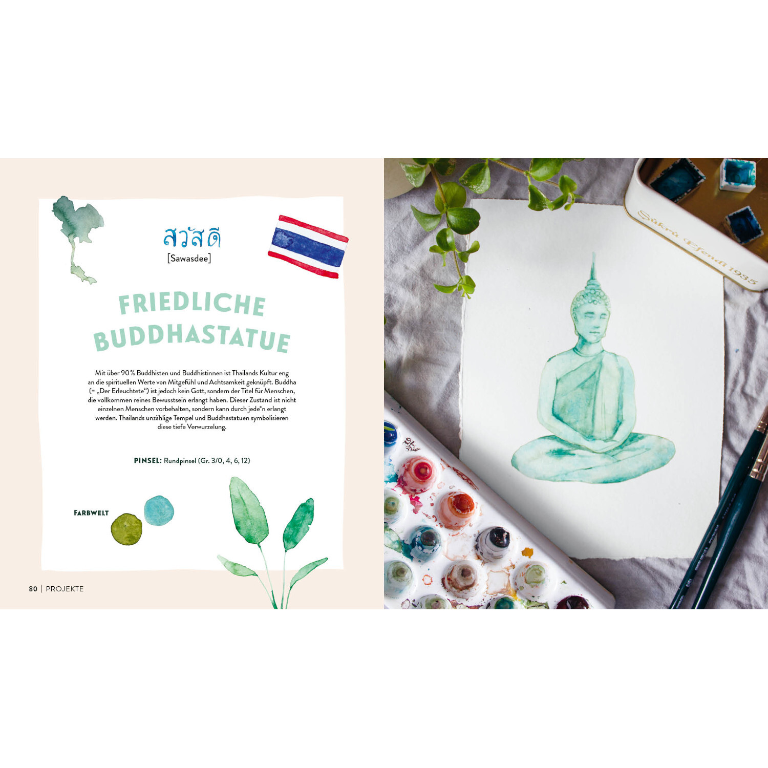 Meine große Watercolor-Reise: Aquarellbild einer friedlichen Buddha-Statue in Grün mit Malutensilien.