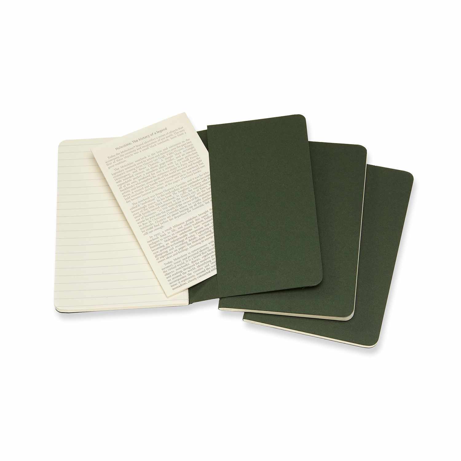 Notizbücher Cahier liniert Kartoneinband A6 3 Stück Farbe Myrtengrün von Moleskine Notizbücher Cahier liniert Kartoneinband A6 3 Stück in Myrtengrün von Moleskine, offen und geschlossen auf weißem Hintergrund.