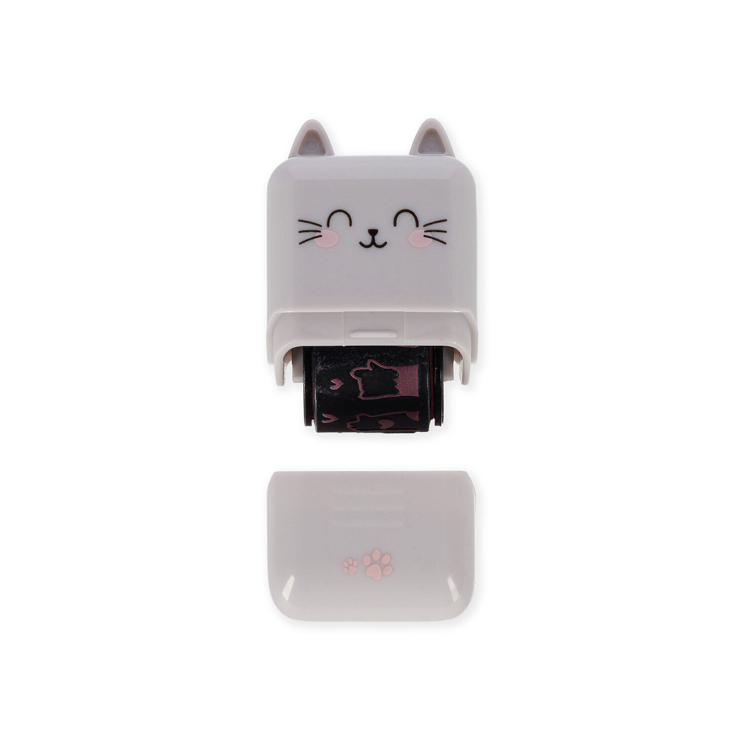 Deco Roller Stempel von Legami mit abnehmbarem Gehäuse in Katzenoptik und integriertem Motiv-Roller, ideal zum kreativen Gestalten von Karten und Notizen