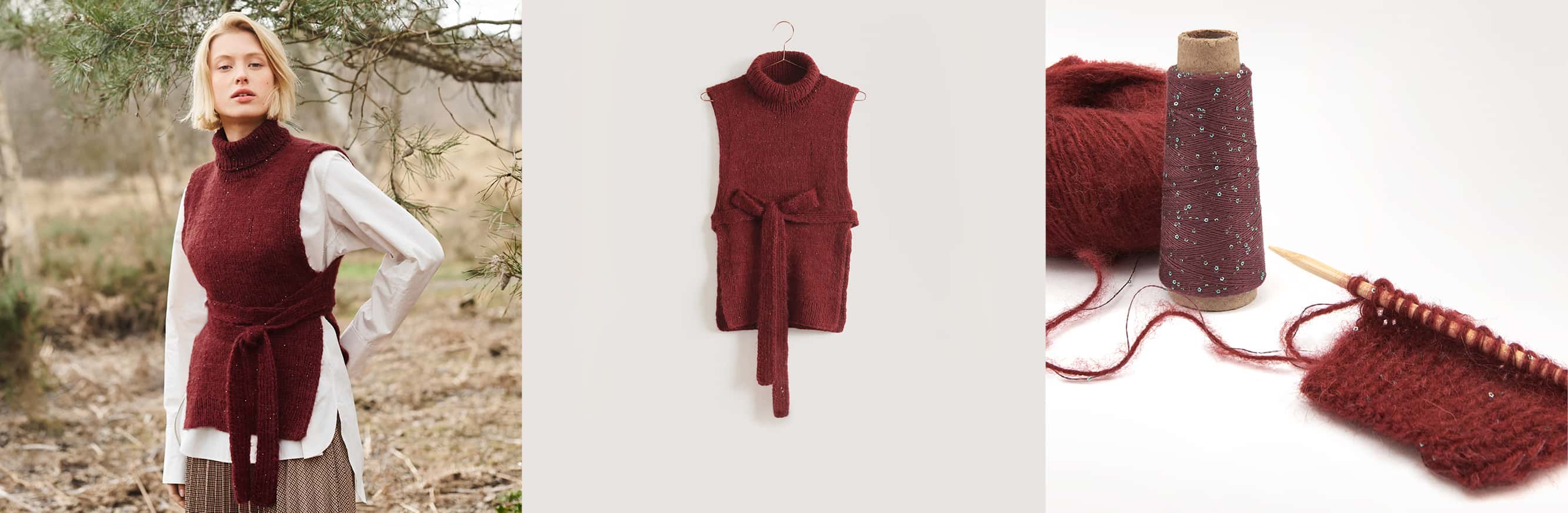Gestrickter Pullunder Modell 33 aus Lovewool No. 21 getragen an weiblichem Model und auf einem Bügel. Daneben Wollknäuel in rot und Strickstück auf Stricknadeln.