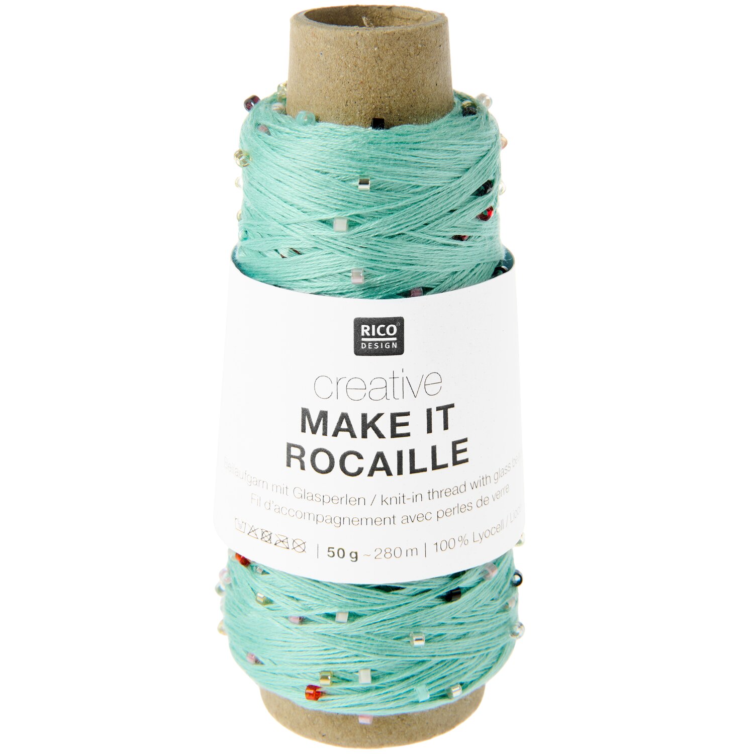 Creative Make It Rocaille, feines Strickgarn von Rico Design in Türkis Multicolor mit kleinen Perlen, Subtitel 50g 280m, dekorativ auf Pappkonus gewickelt
