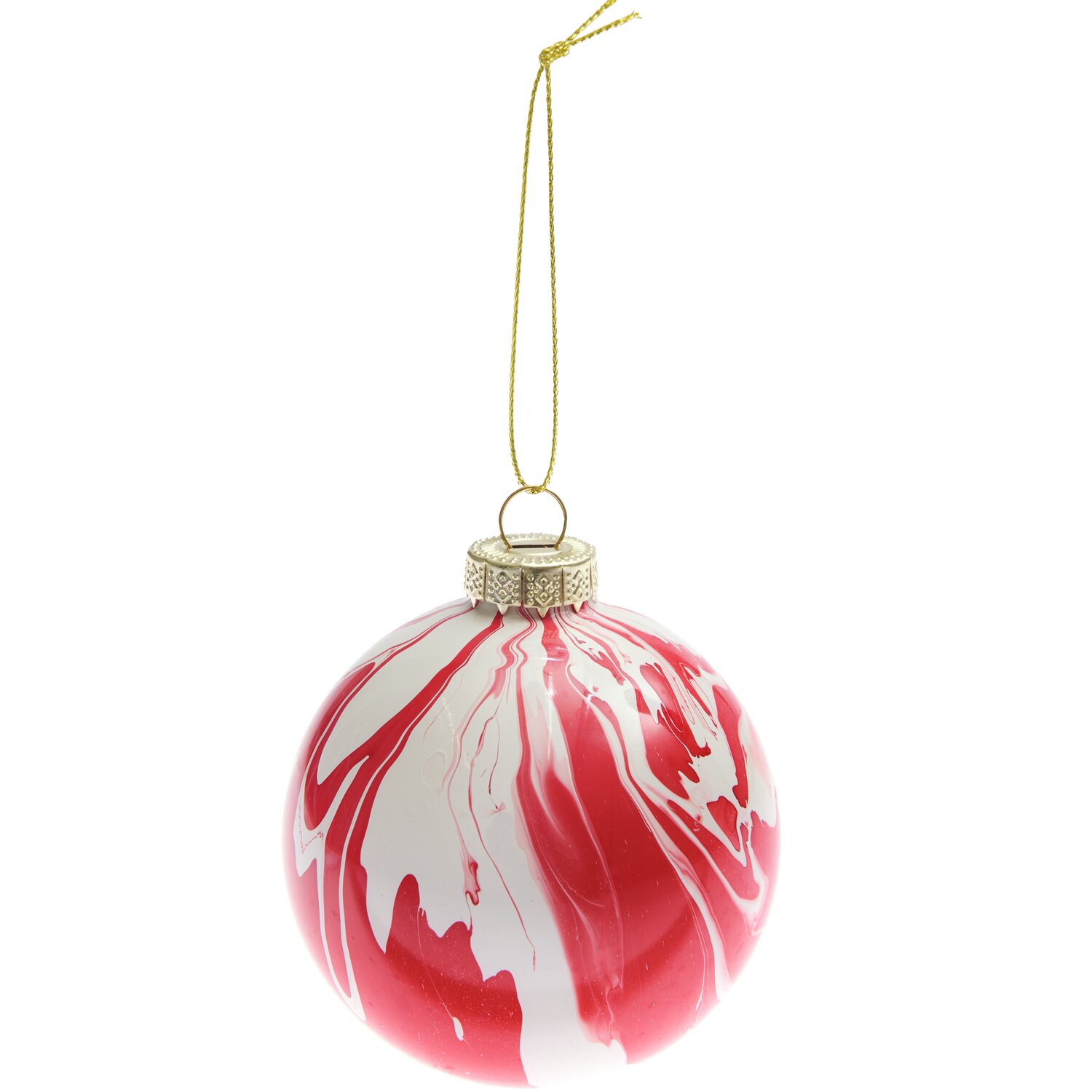 Glaskugel Baumschmuck marmoriert Rot/Weiß von Rico Design, Ø8cm, mit goldener Aufhängung.