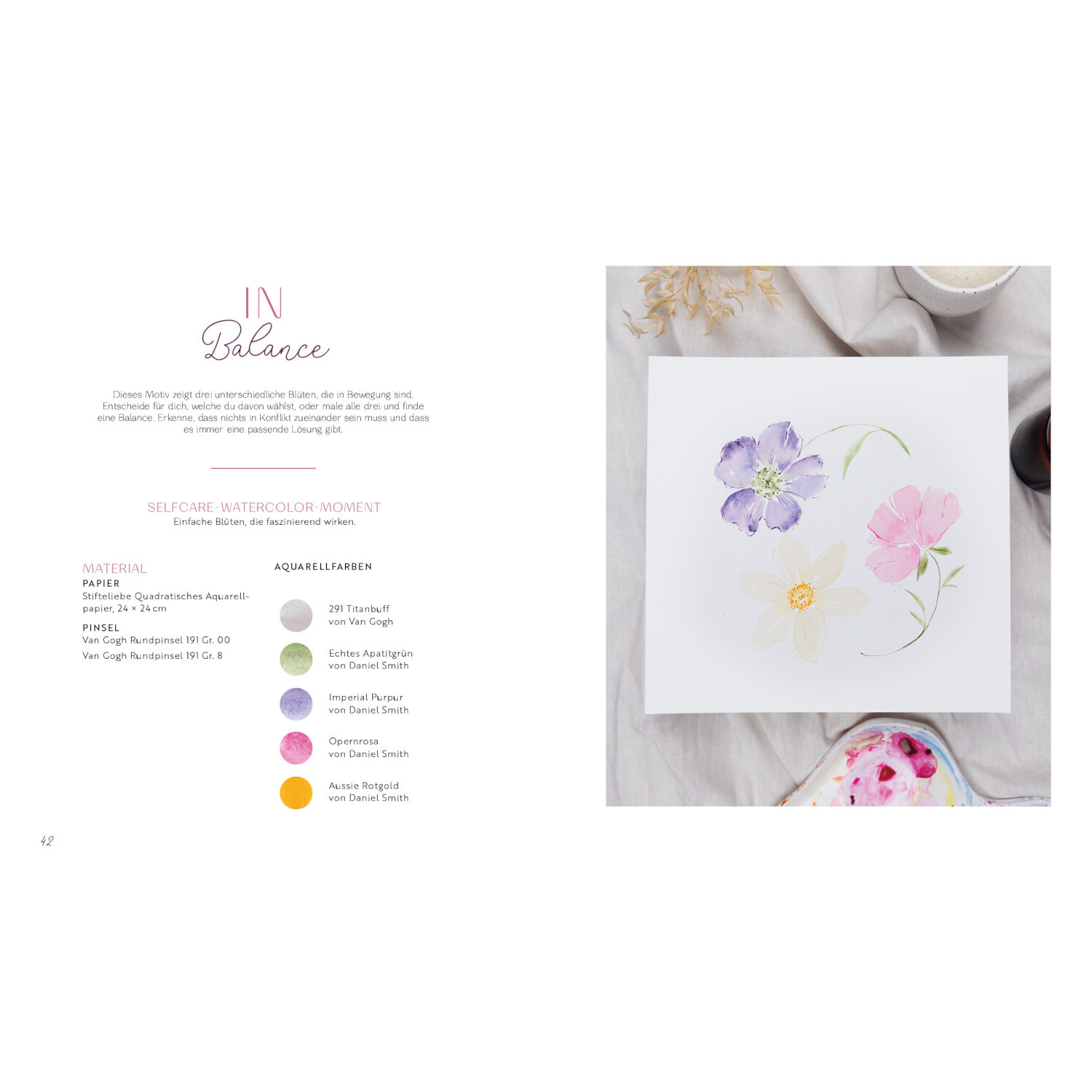 Selfcare Watercolor – Kreative Momente für mich: Aquarellblumen auf weißem Papier, sanfte Pastelltöne, kreative Entspannung.